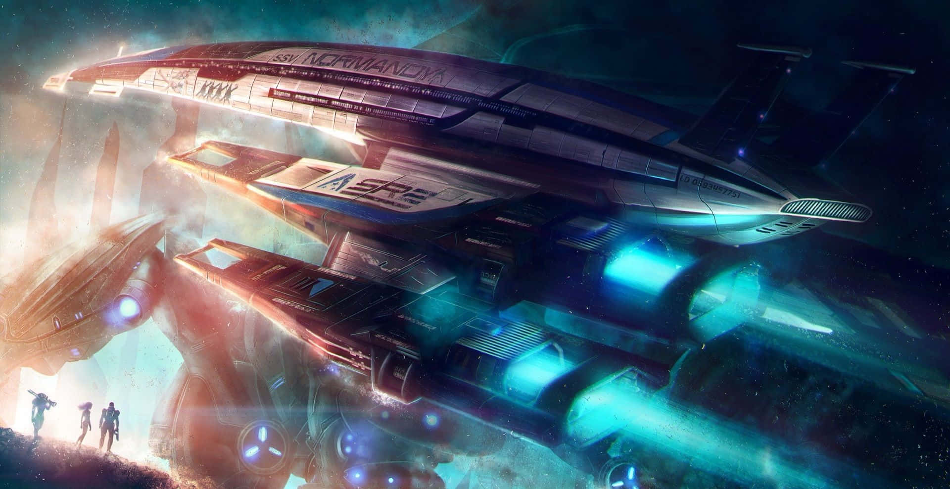 Normandy Sr-2 桌布 壁紙 — 一艘巨大的未來主義太空船，帶有發光的藍色引擎，懸浮在一個岩石行星上微小的人類身影上方，背景是星光燦爛的宇宙。
