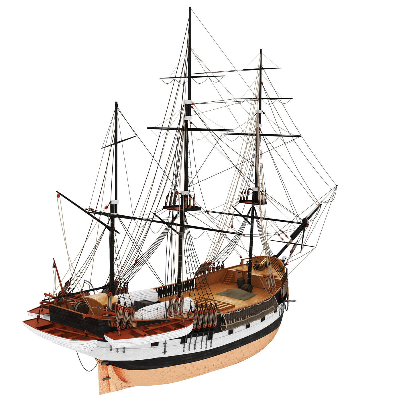 具有木質甲板和索具的歷史悠久三桅帆船的詳細模型。 — 3D 壁紙