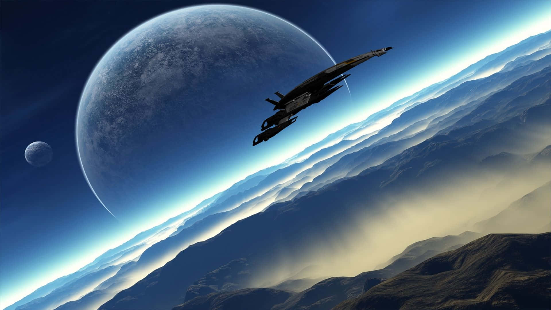 Normandy Sr-2 桌布 壁紙 — 一艘流線型太空船在行星的大氣雲層上方滑行，遠處有月球，背景是深藍色的天空。