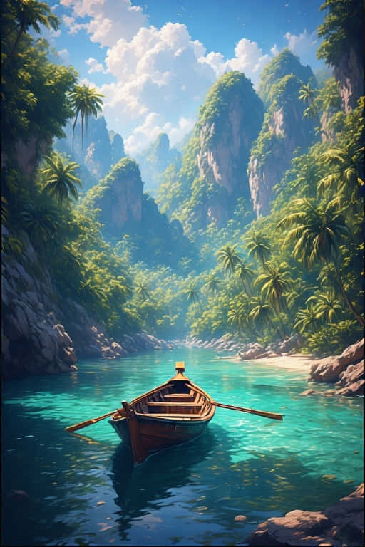 一艘木船在平靜的碧綠海水中休息，周圍環繞著熱帶懸崖和棕櫚樹。 — 4K 壁紙