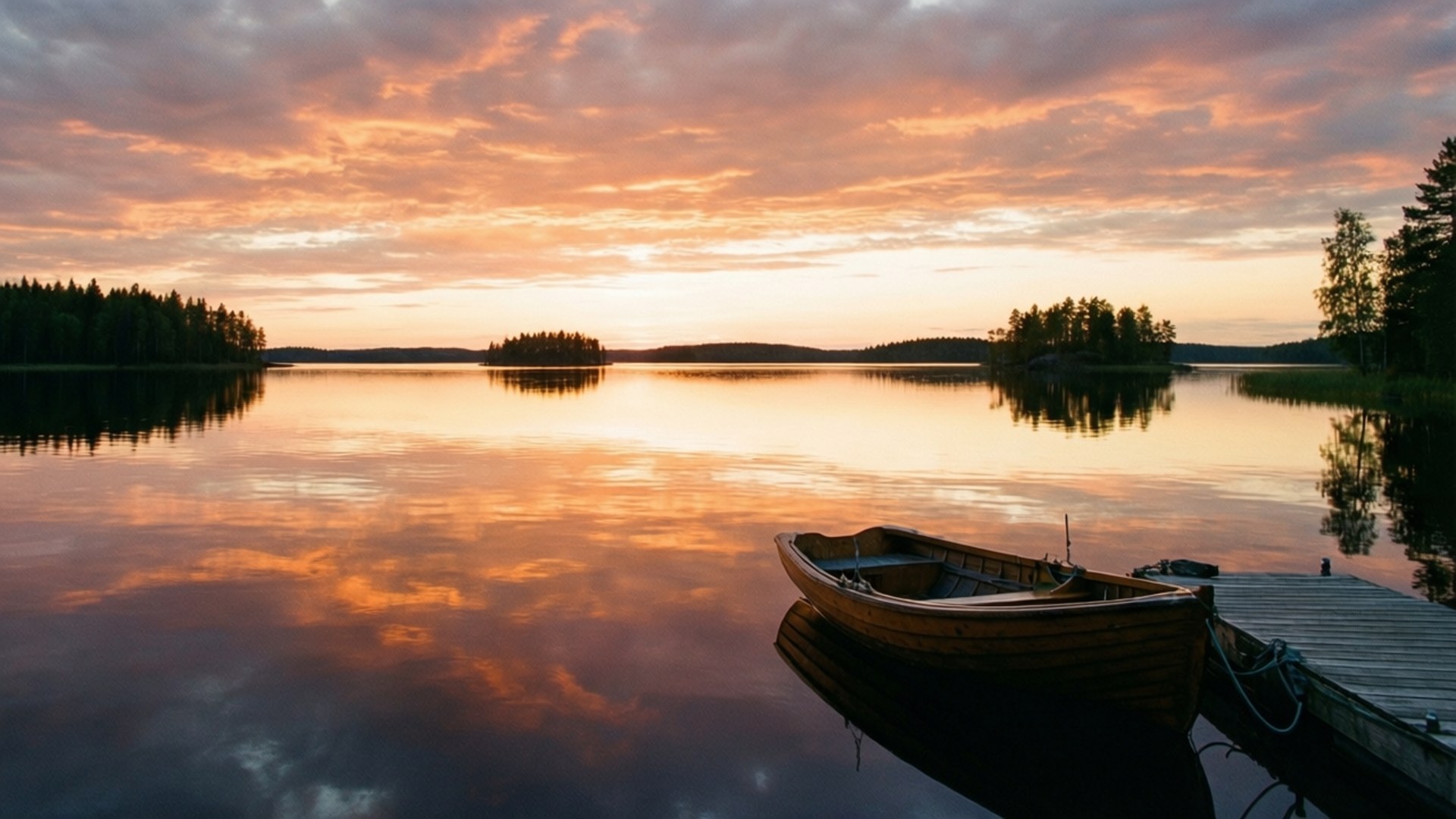 Lake Saimaa Sunset 壁紙 — 一艘木船停靠在碼頭，火紅色的橙色和粉紅色雲彩完美地倒映在如鏡的湖面上，夕陽西下。