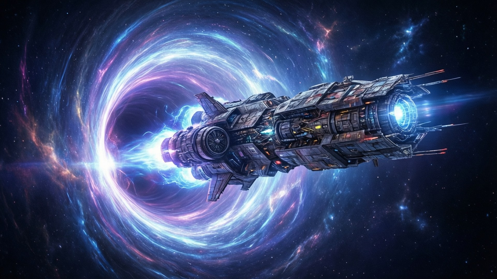 Wormhole Exit 壁紙 — 一艘配備發光藍色引擎的未來太空船從旋轉的宇宙蟲洞中出現，背景是星域。