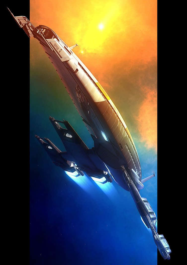 Normandy Sr-2 桌布 壁紙 — 一艘時尚的未來太空船在充滿活力的漸變天空中翱翔，散發著橙色和藍色的光芒。