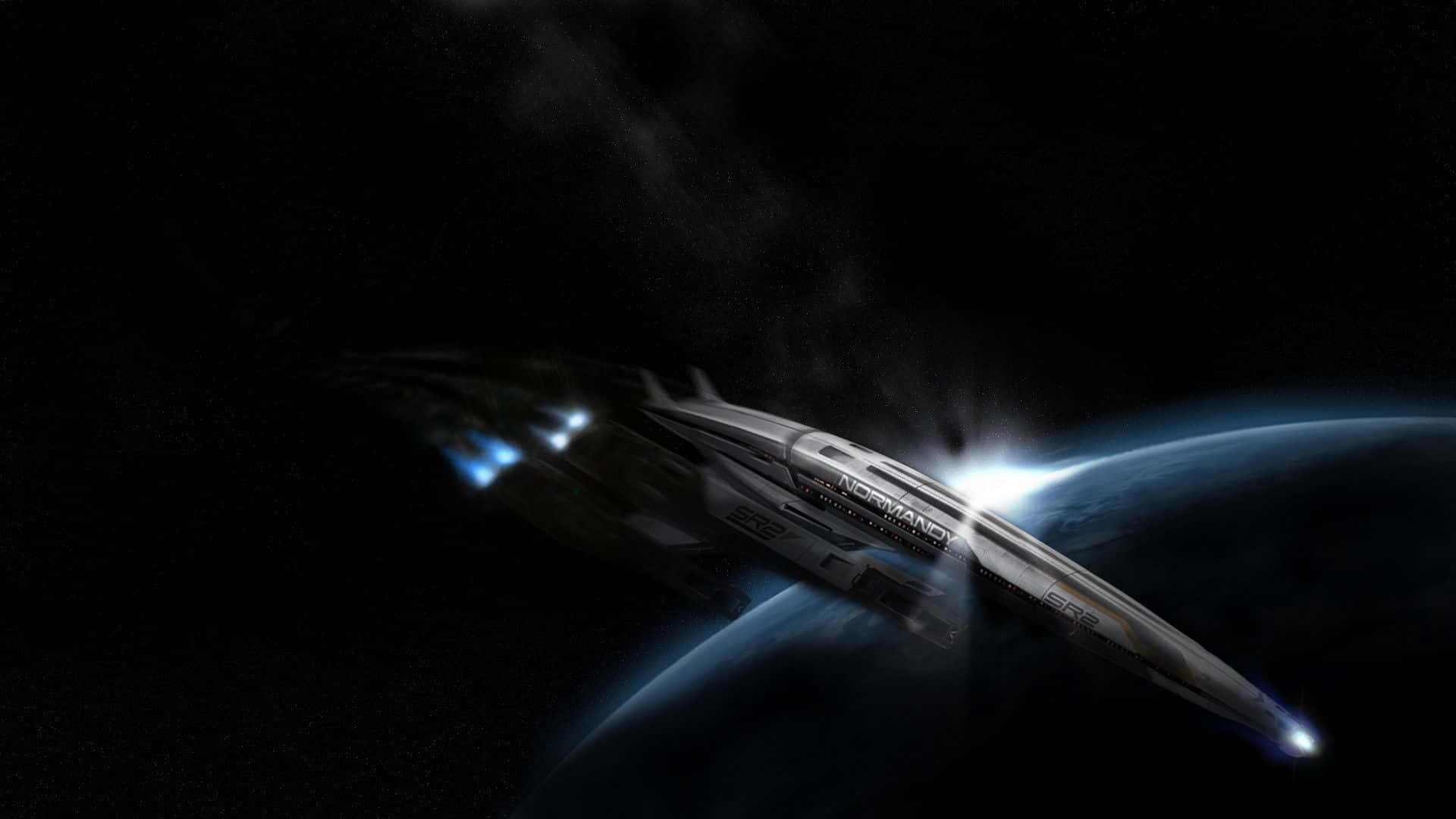 時尚的銀色太空船，帶有藍色引擎，在夜間繞著行星運行。 — Oled 壁紙