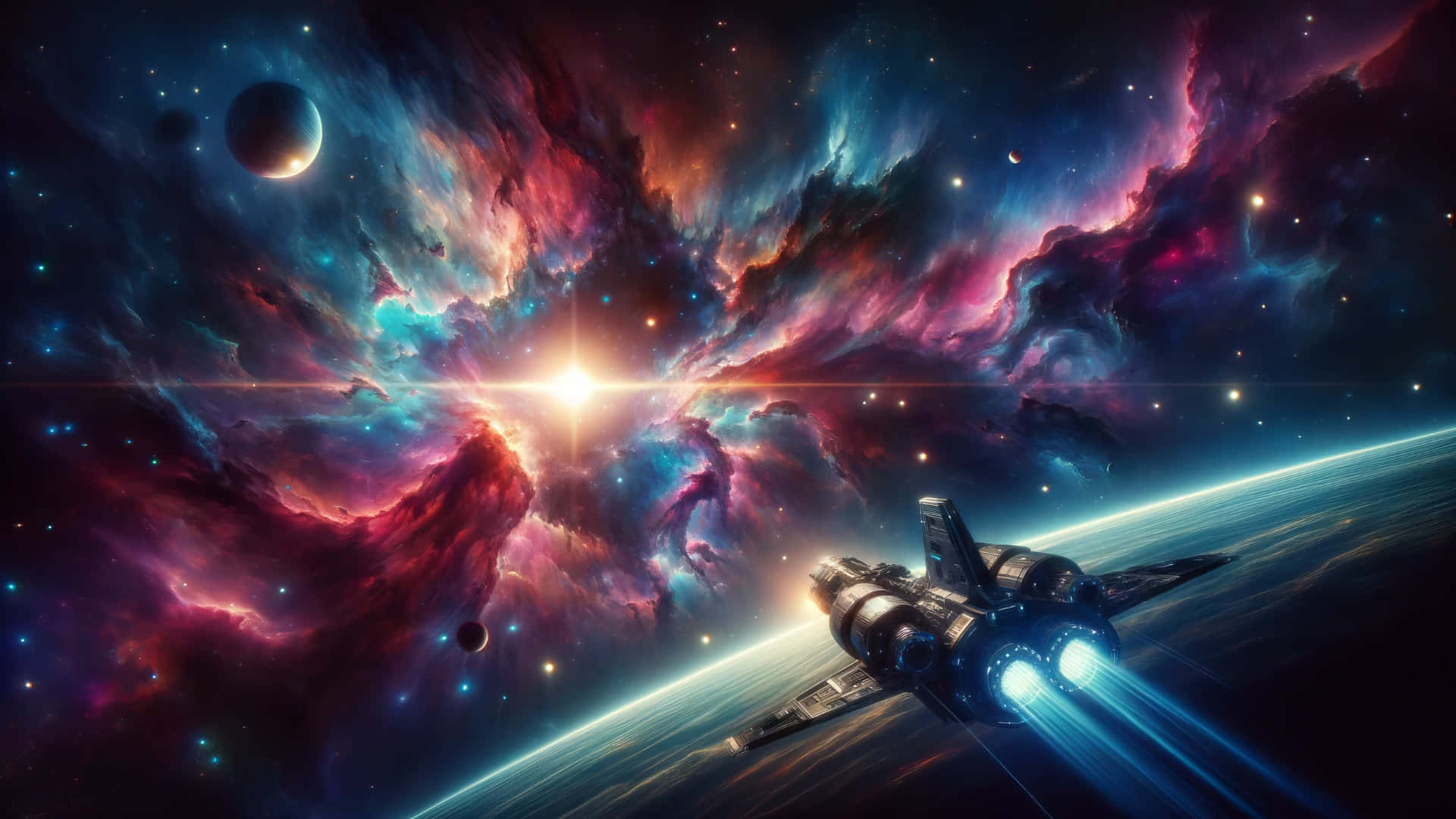  壁紙 — 一艘未來風格的太空船在充滿星星和彩色氣體雲的充滿活力的宇宙星雲背景下，掠過一顆發光的行星。