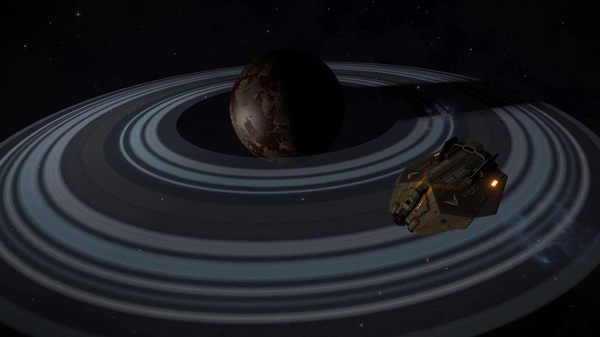 未來風格太空船飛越帶環行星（深空）。 — 土星 壁紙