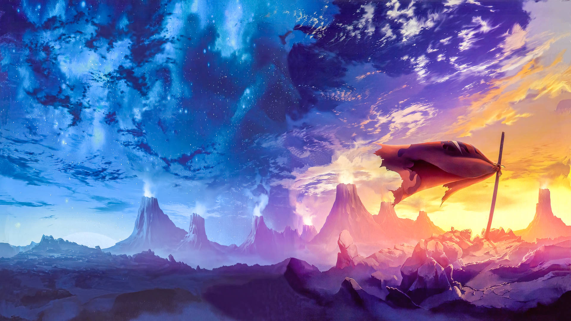 未來風格太空船在暮色中飛越火山山脈，伴隨著星空。 — 4K 壁紙