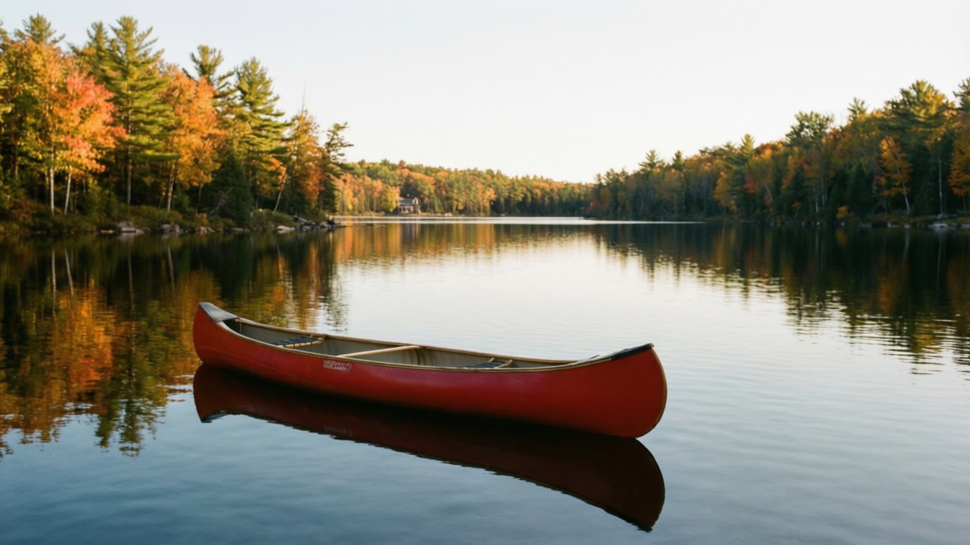 Muskoka Canoe Serenity 壁紙 — 一艘鮮紅色的獨木舟在平靜的湖面上靜靜漂浮，周圍是倒映在水中的秋樹。