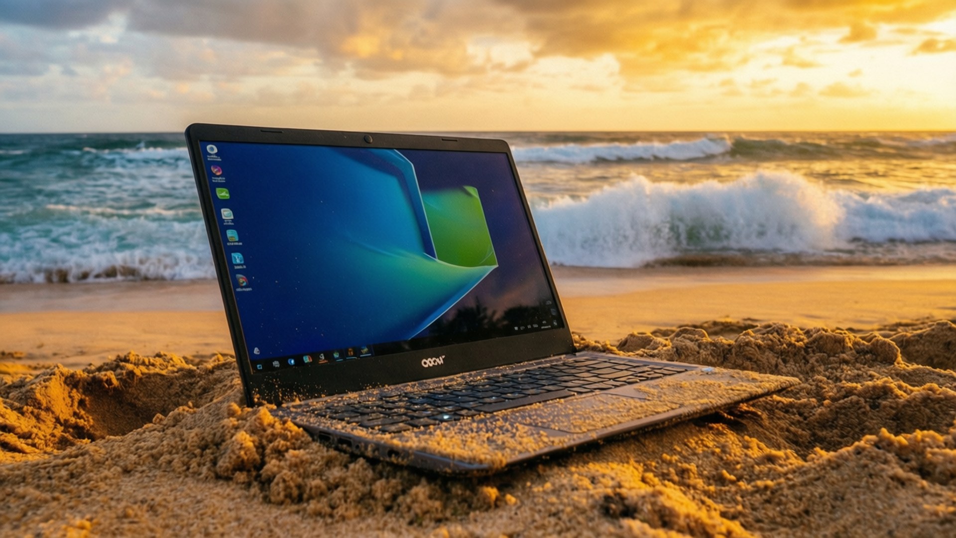 沙灘上的Acer筆記型電腦，背景有海浪和日落 — Chromebook 壁紙