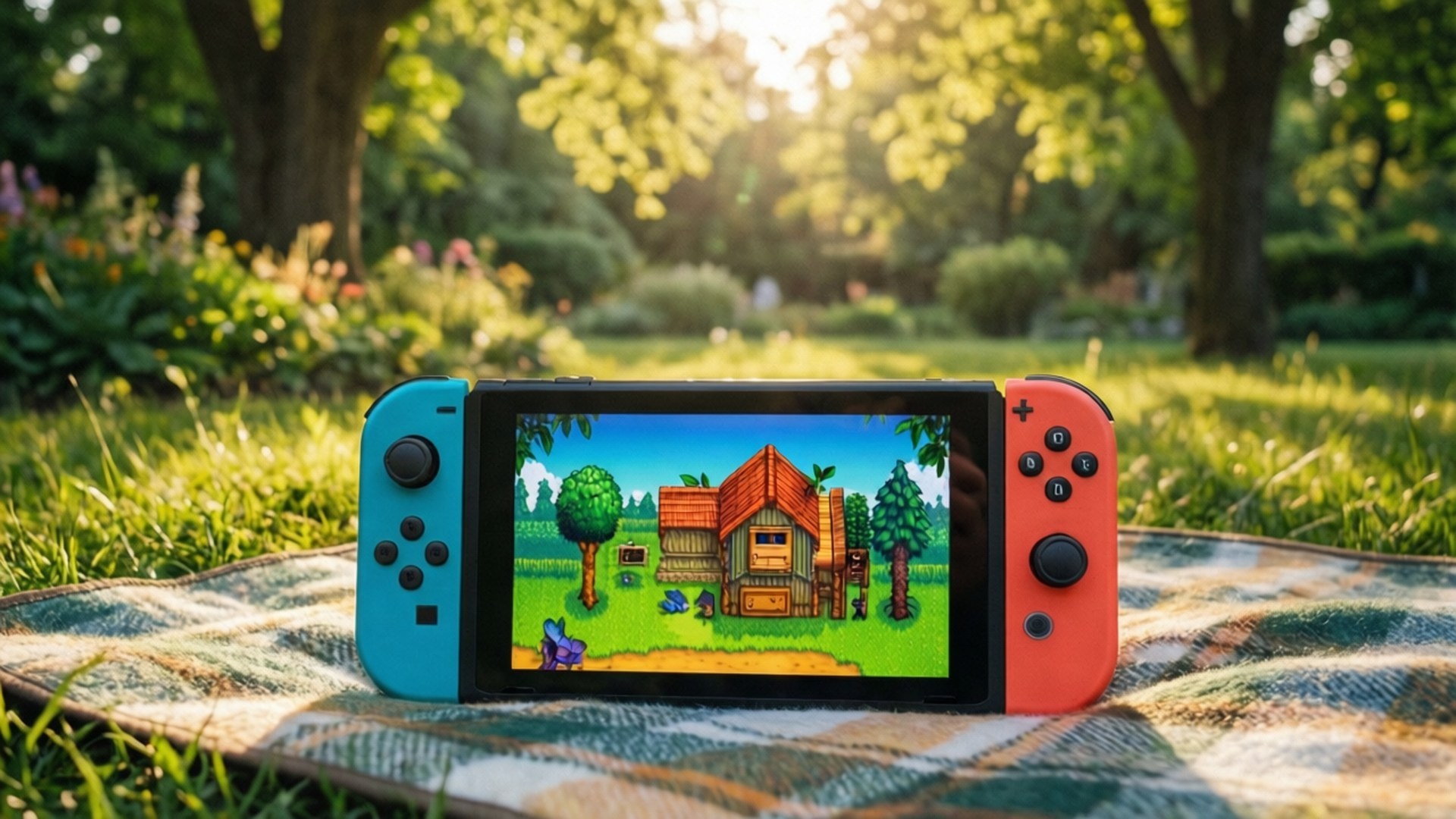 Stardew Valley Picnic 壁紙 — 一台紅藍色的Nintendo Switch放在有圖案的毯子上，在陽光明媚的花園中顯示像素房屋遊戲。