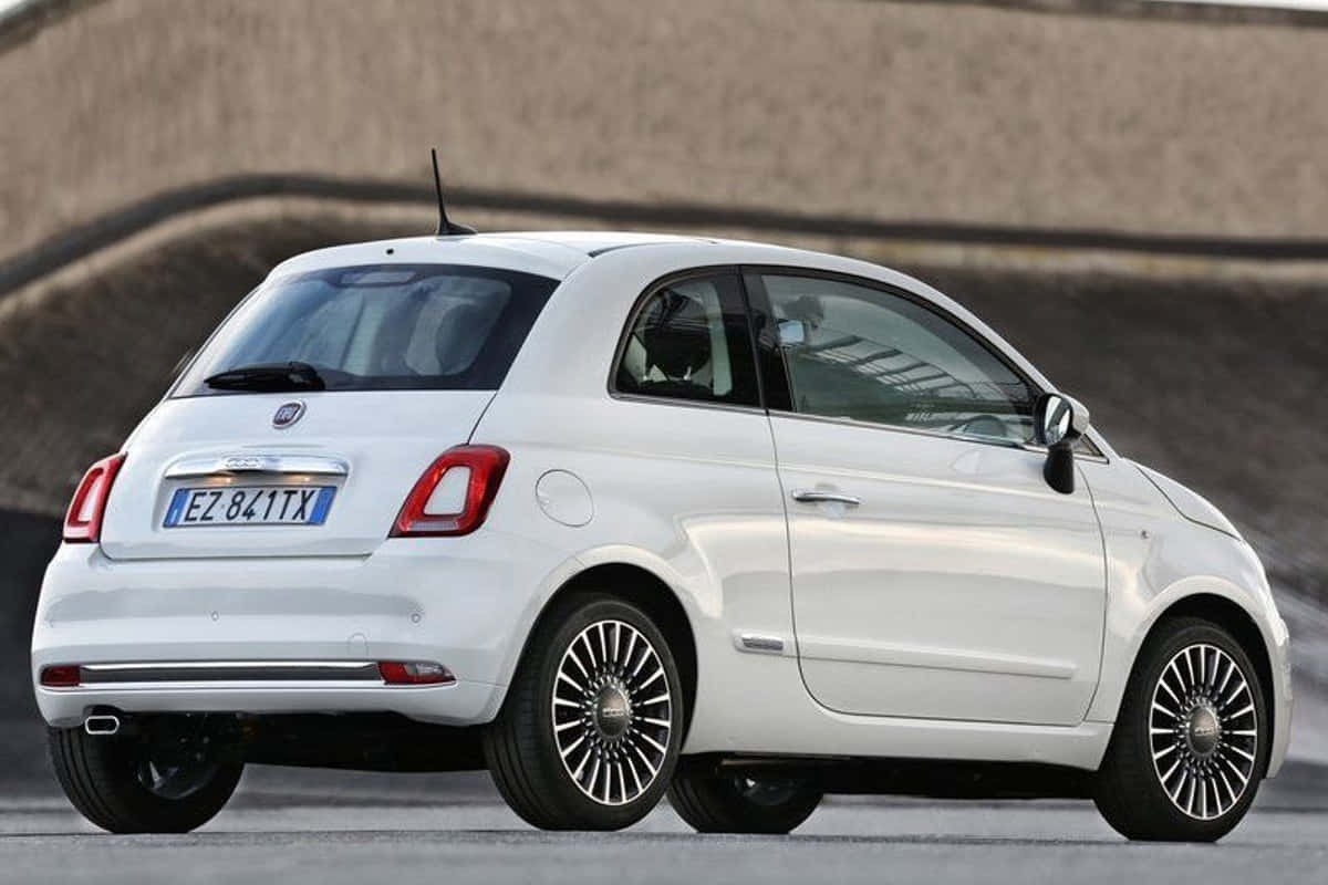 Fiat 500 桌布 壁紙 — 一台時尚的白色Fiat 500停泊在瀝青路上，背景是混凝土牆。