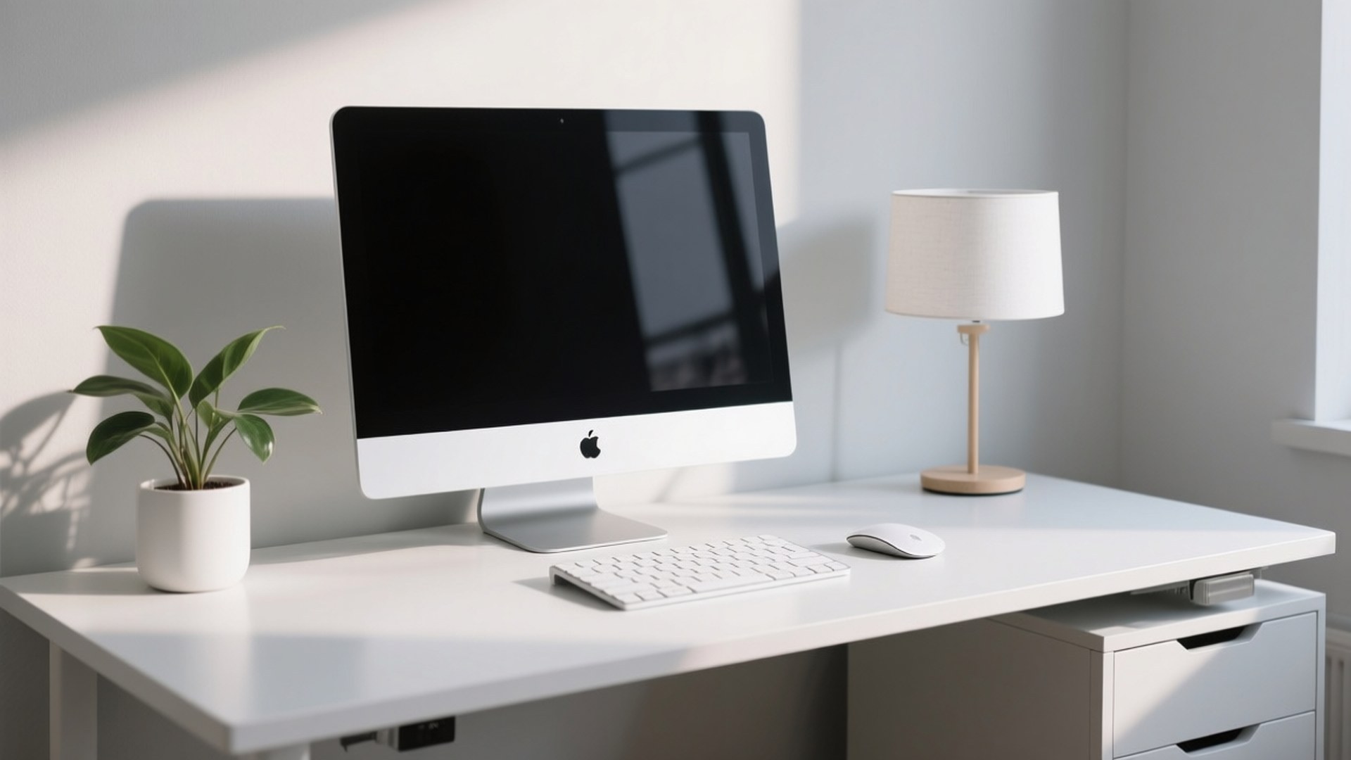 Modern Apple Desk 壁紙 — 一台時尚的白色iMac放在簡約的書桌上，沐浴在柔和自然光中，旁邊有一盆植物和現代燈。