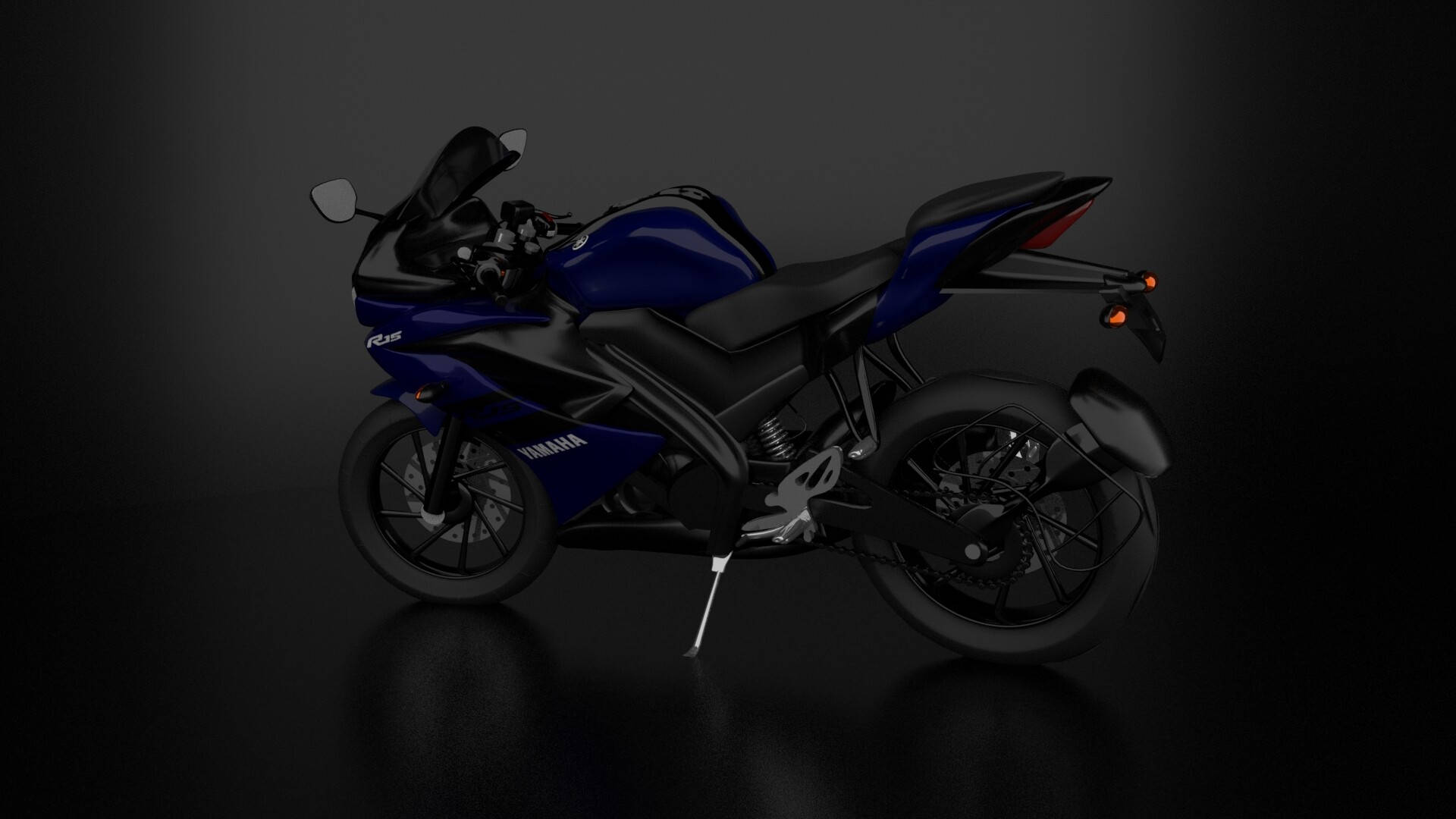 時尚的藍黑Yamaha R15運動機車在反光表面上，處於攝影棚燈光下。 — 3D 壁紙