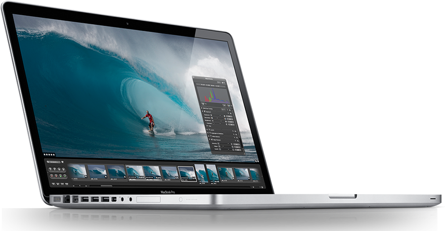 銀色筆記型電腦顯示一名衝浪者在海浪上，並有照片編輯工具。 — Macbook Pro 壁紙