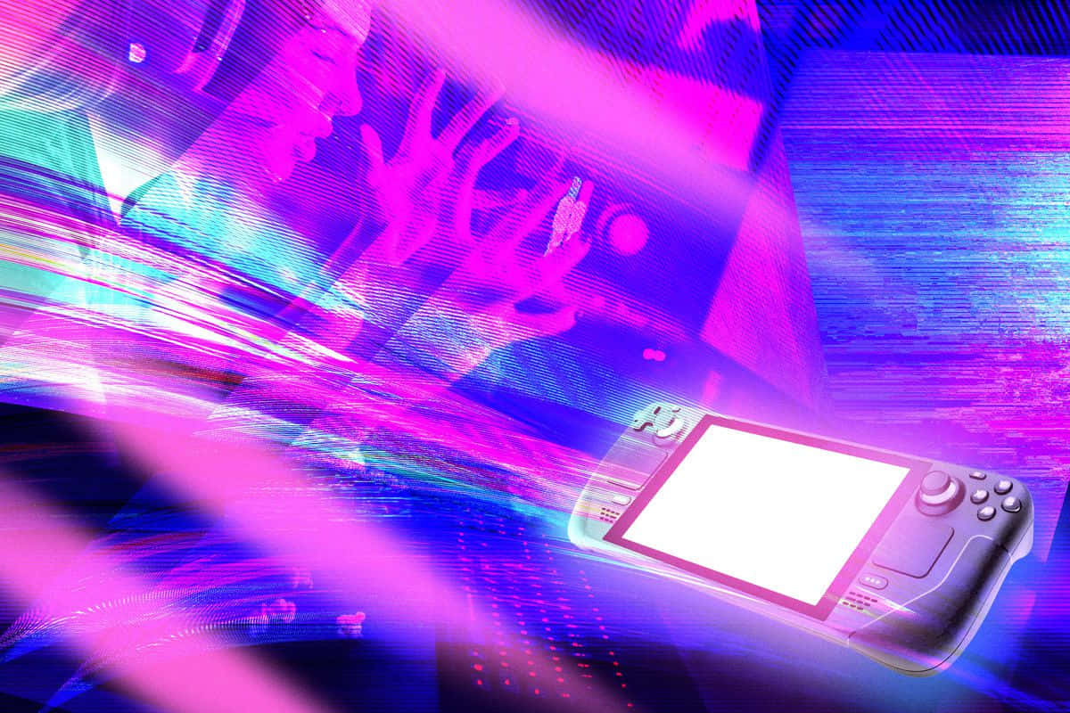  壁紙 — 一台手持遊戲機在故障風格的 cyberpunk 背景下發出霓虹粉紅和藍色的數位條紋光芒。