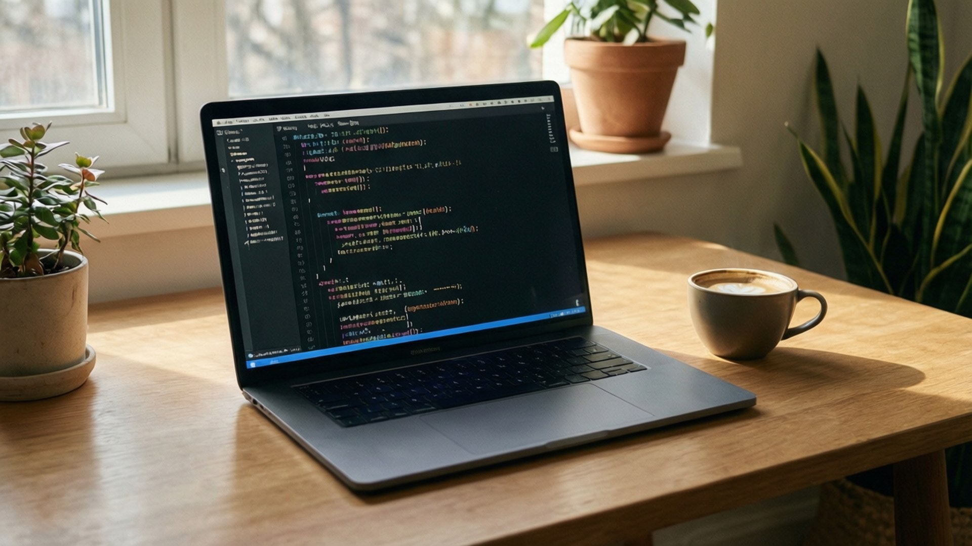 Cozy Coding Corner 壁紙 — 一台顯示程式碼的筆記型電腦放在木桌上，旁邊有咖啡杯和盆栽植物，靠近陽光充足的窗戶。