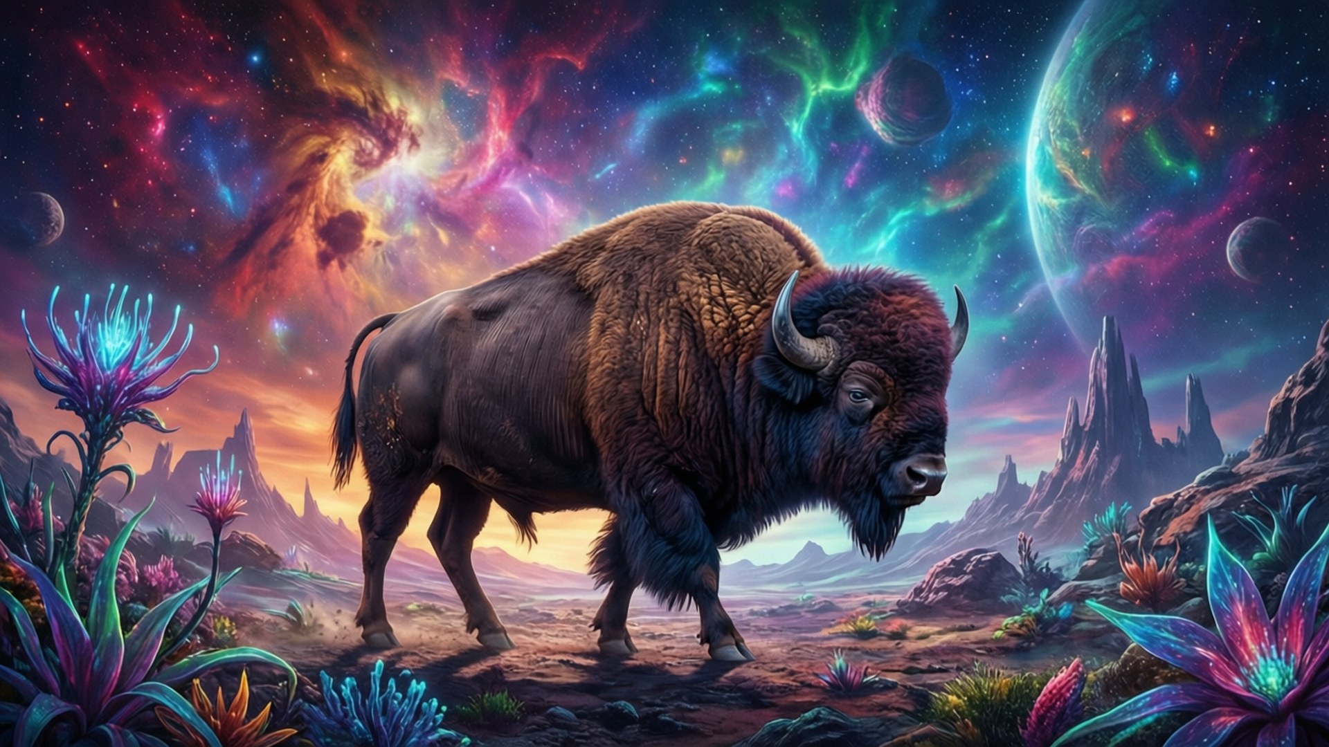 Buffalo in Space 壁紙 — 一頭雄偉的野牛站在超現實的外星景觀中，頭頂是充滿活力的宇宙天空，有發光的星雲和遙遠的行星。