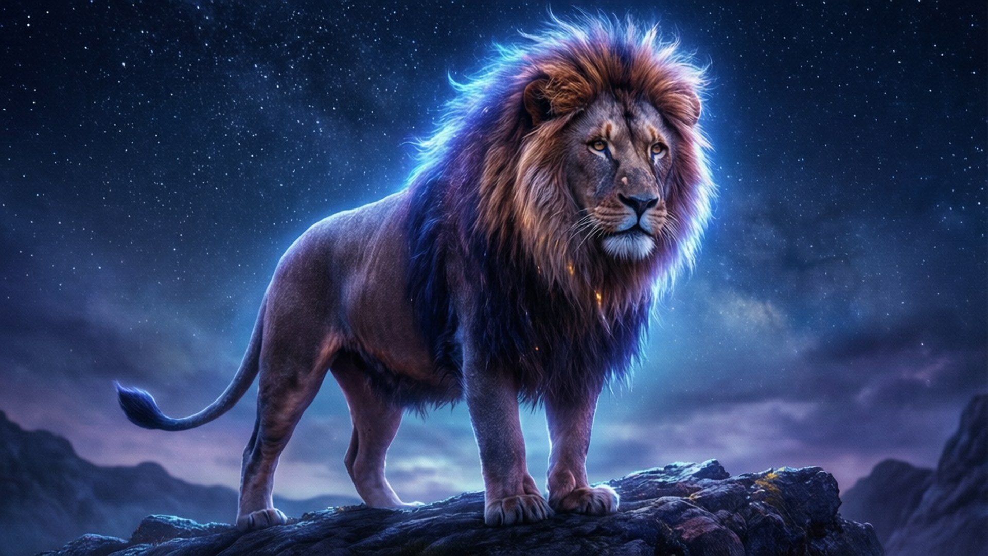 Cool Picture of Lion 壁紙 — 一頭雄偉的獅子，鬃毛發光，站在岩石頂峰上，背景是星光璀璨的暮色天空。