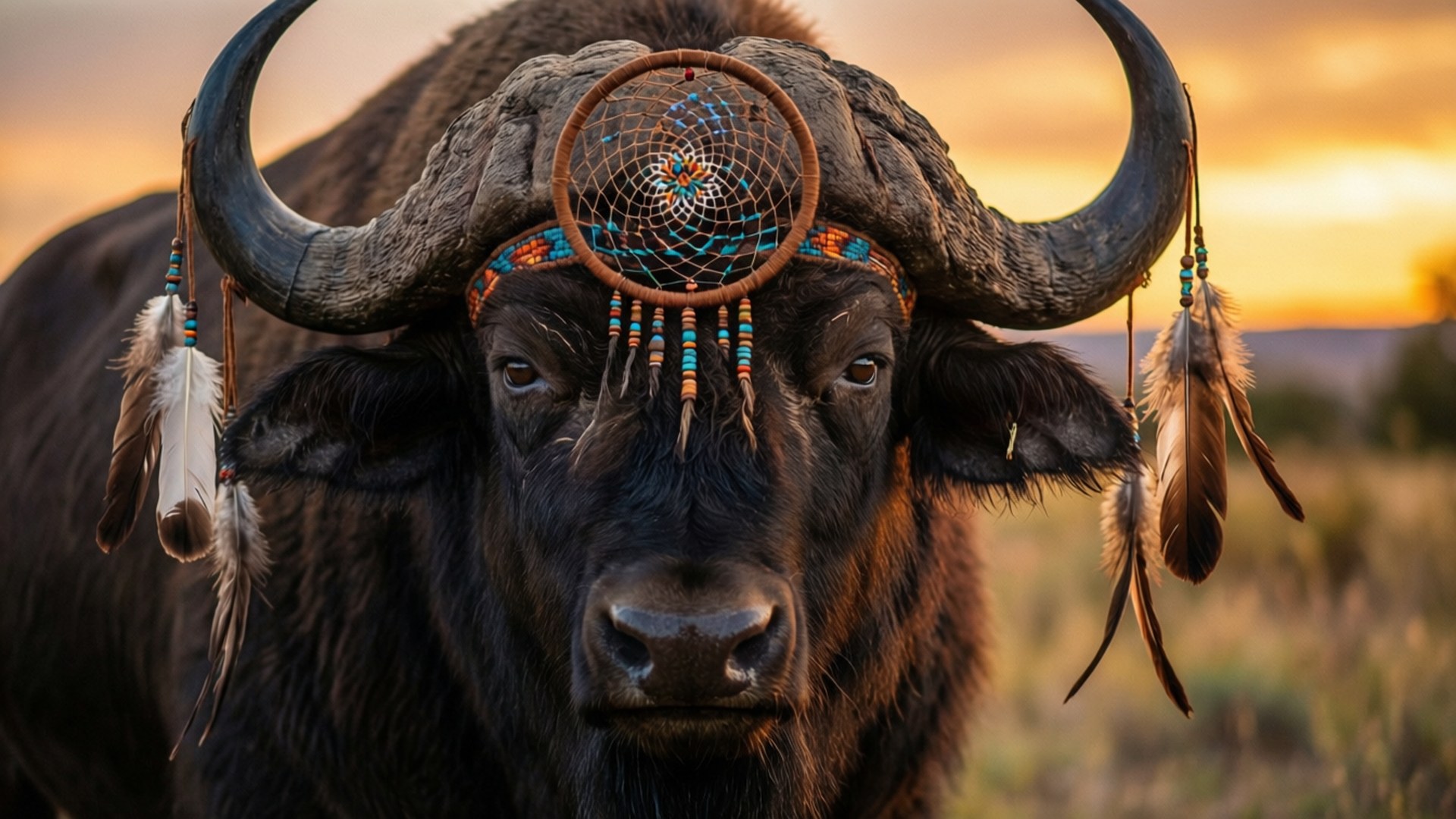 Buffalo with Dreamcatcher 壁紙 — 一頭雄偉的水牛，長著巨大的彎角，戴著一個飾有羽毛和珠子的捕夢網，背景是金色的日落天空。