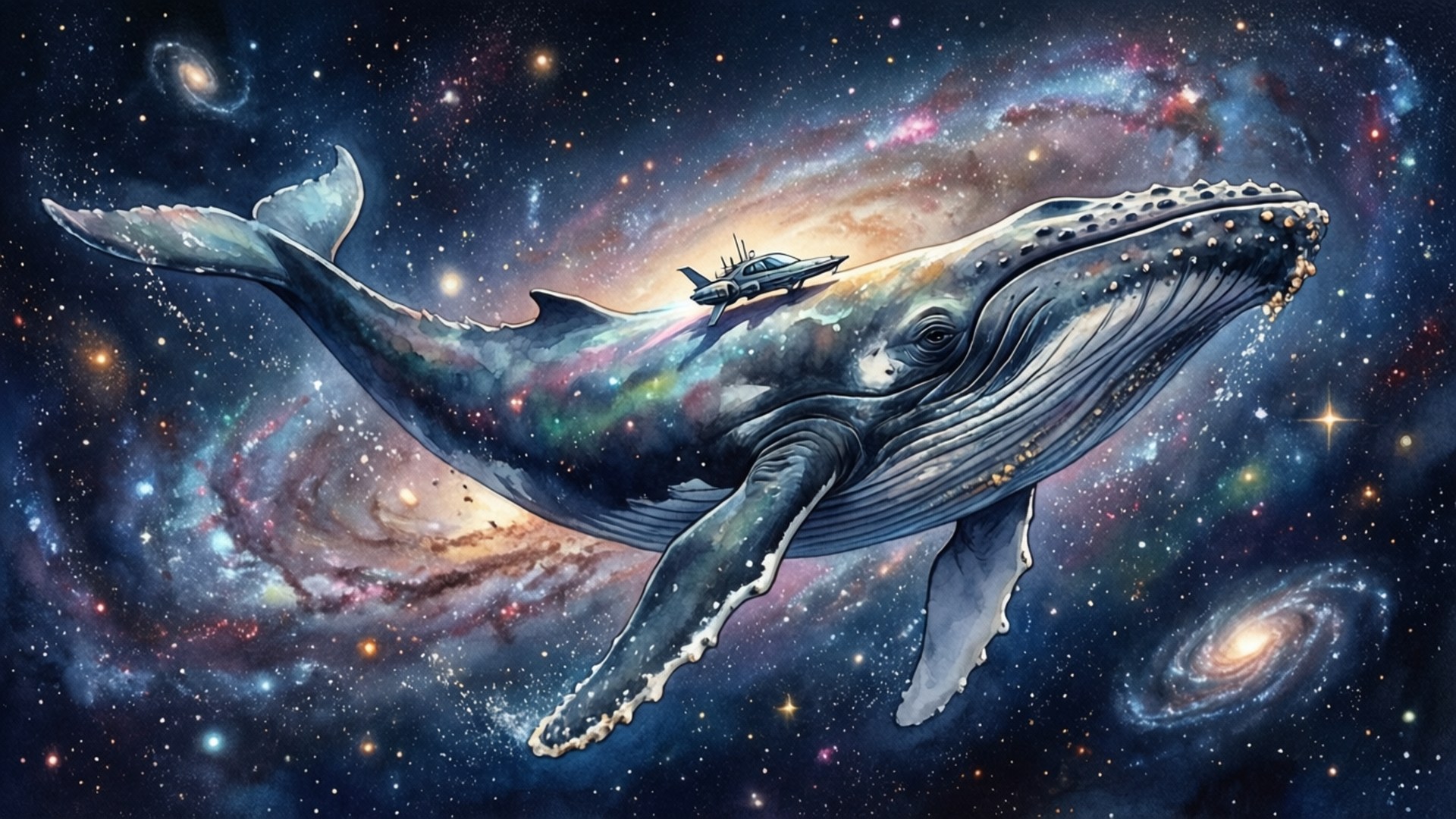 Funny Space 桌布 壁紙 — 一頭雄偉的鯨魚在充滿活力的宇宙星雲中滑行，背上馱著一艘太空船，背景是旋轉的星系。