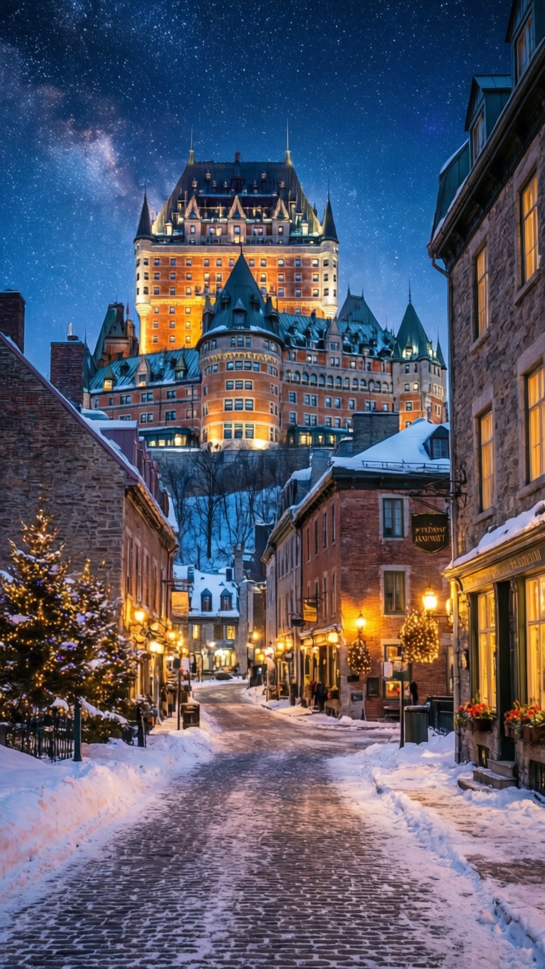 Chateau Frontenac Winter Night 壁紙 — 一條被雪覆蓋的鵝卵石街道通向燈火通明的Chateau Frontenac，星空燦爛。