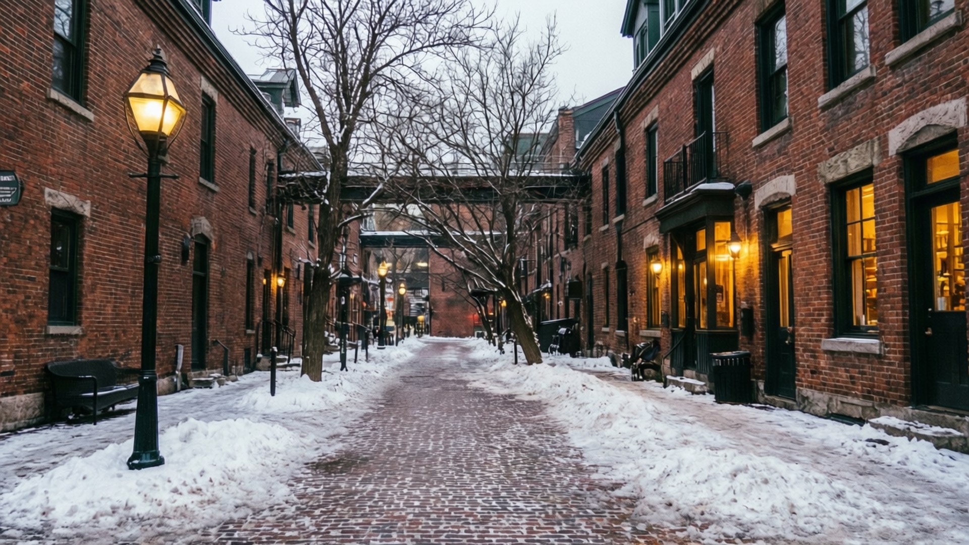 Snowy Distillery District 壁紙 — 一條被雪覆蓋的鵝卵石小巷，兩旁是紅磚建築，窗戶發光，還有復古路燈。