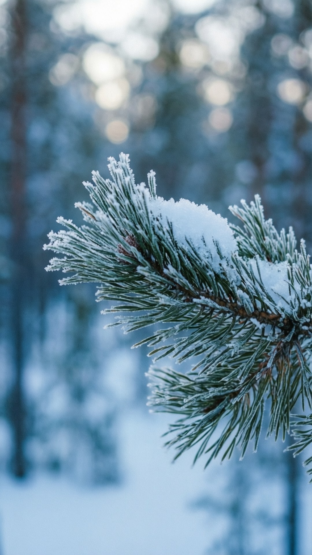 Lapland Winter Pine 壁紙 — 一條被雪覆蓋的松樹枝在柔和冬日陽光下閃閃發光，背景是模糊的藍色森林。