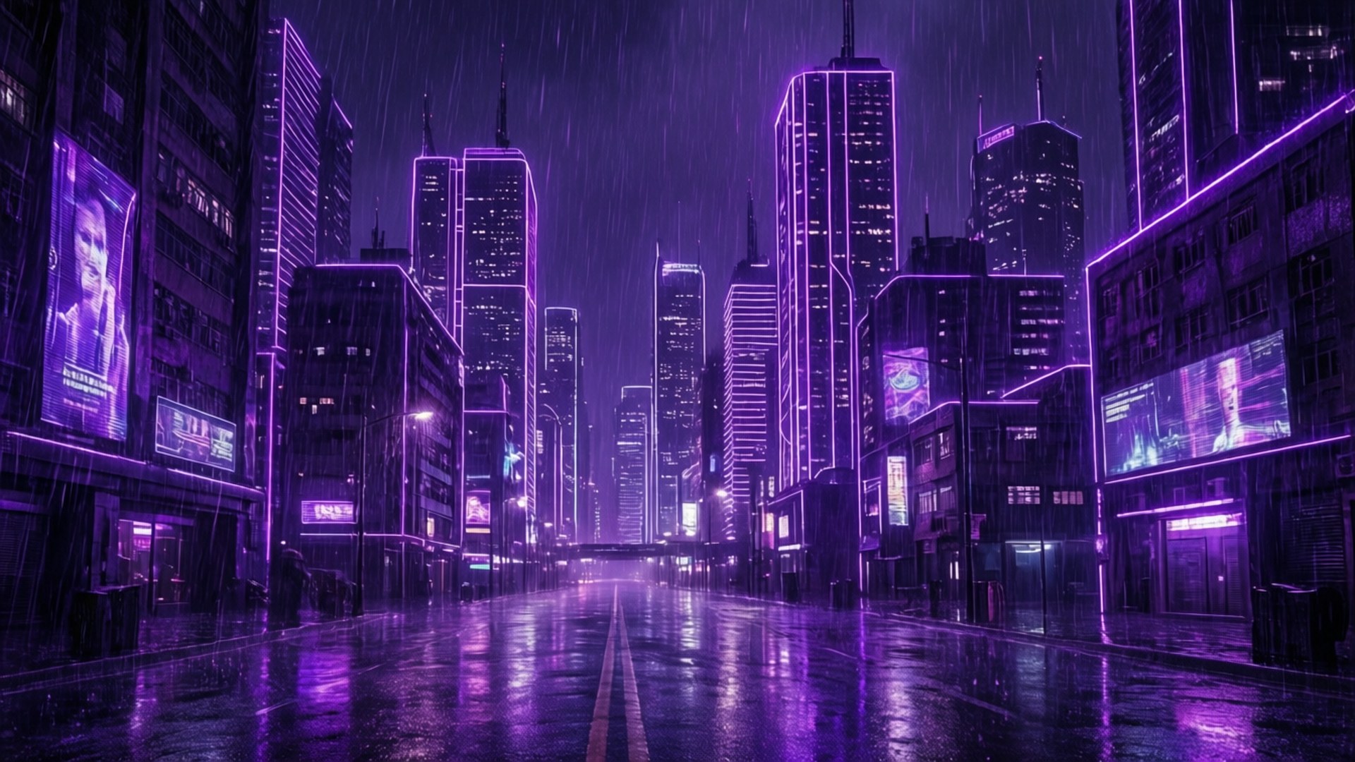 霓虹紫 桌布 壁紙 — 一條被雨水浸濕、霓虹燈閃爍的 cyberpunk 城市街道，夜晚高聳的摩天大樓發出紫色光芒，映照在濕漉漉的路面上。