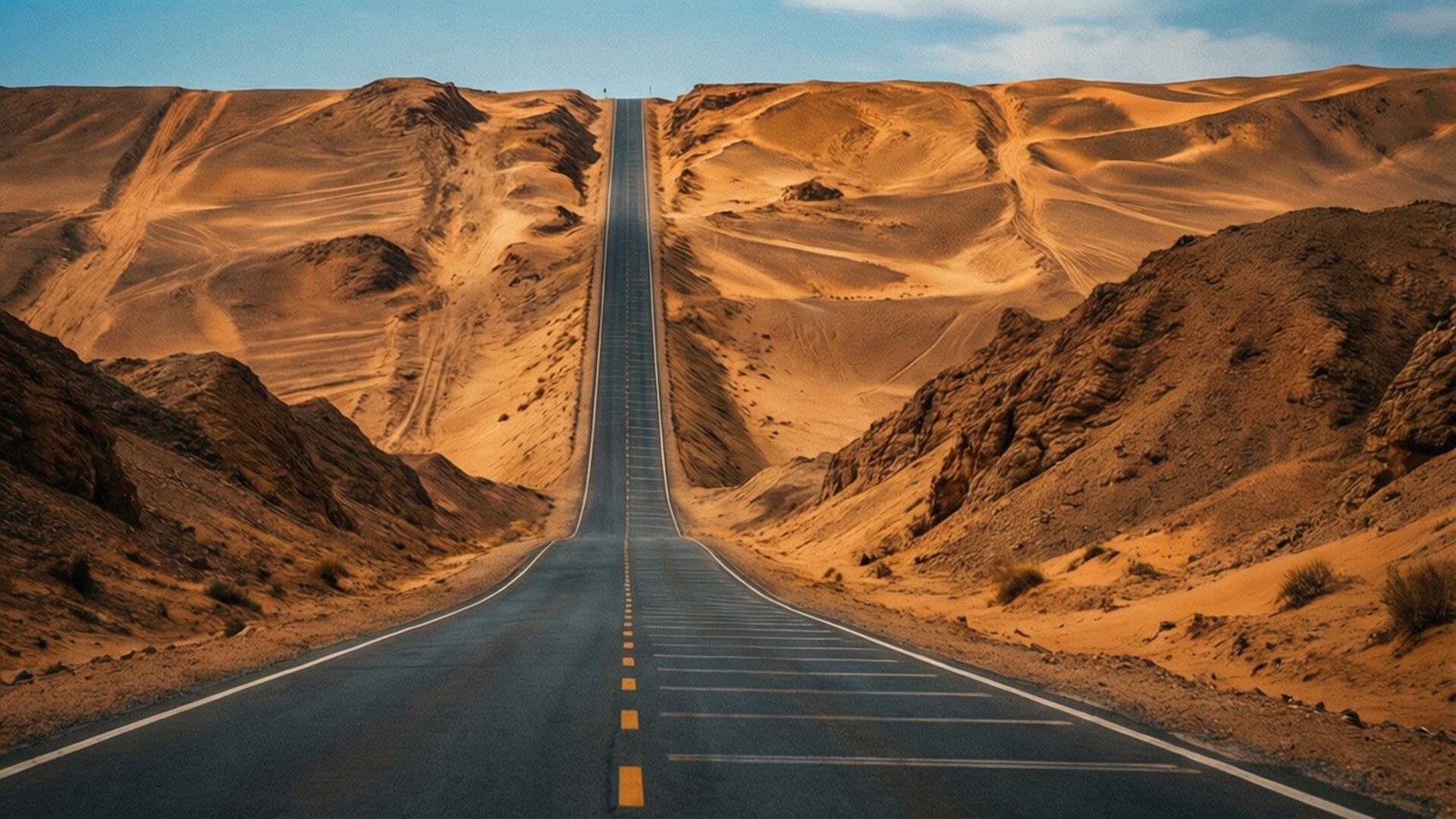 Desert Highway 壁紙 — 一條筆直的柏油路穿過金色沙丘，在清澈的藍天下。