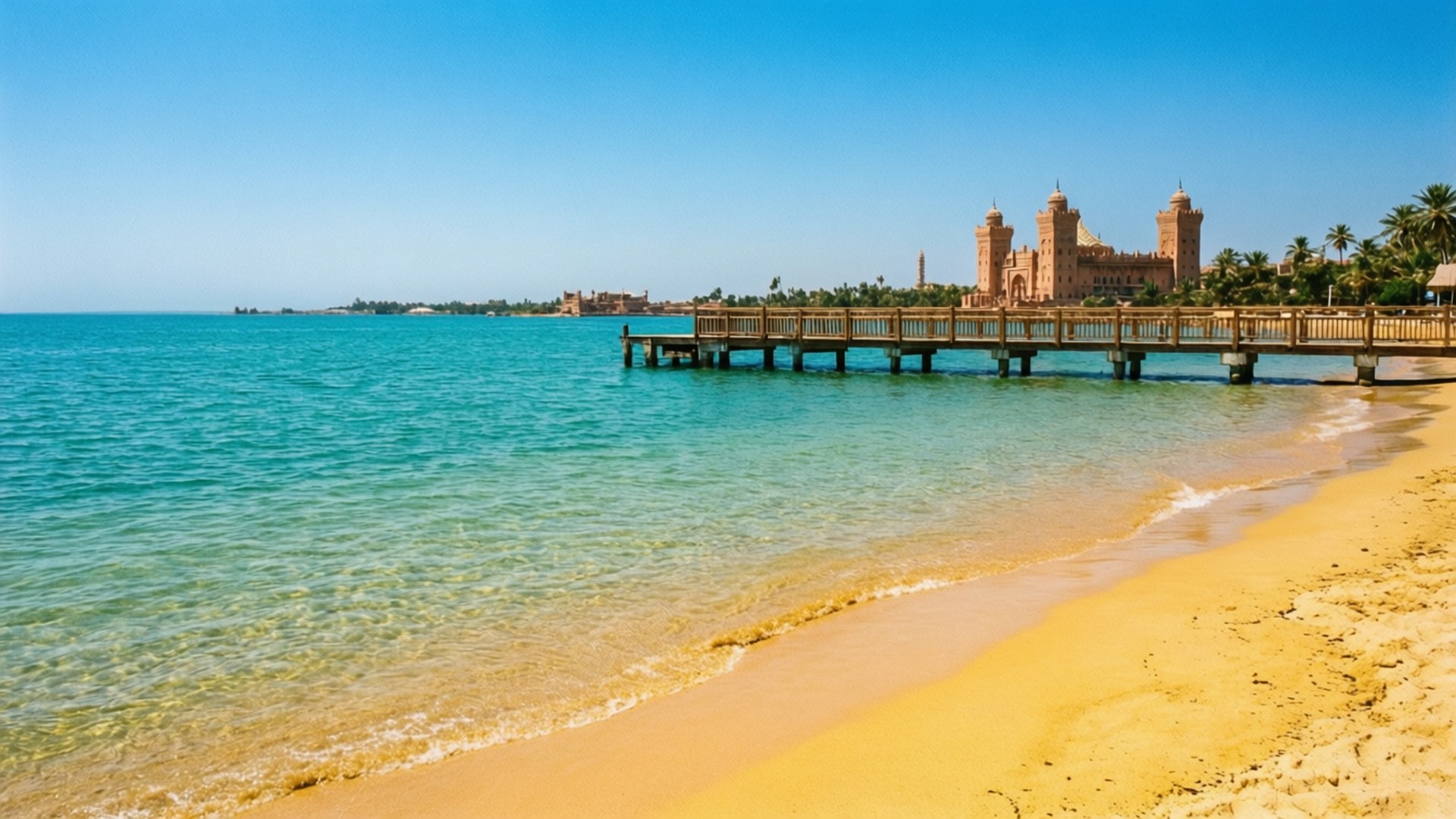 Montaza Beach Paradise 壁紙 — 一條長長的木碼頭延伸至碧綠色的海水，通往陽光沙灘上一個巨大的粉紅色城堡式度假村。