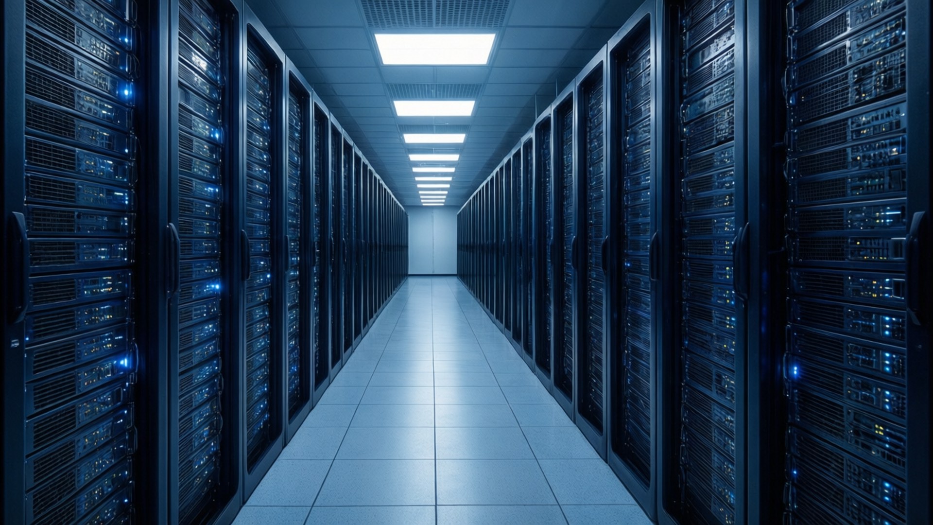 Video Hosting 桌布 壁紙 — 一條長長的伺服器機架走廊，帶有發光的藍色燈光，在螢光天花板燈下延伸至遠方。