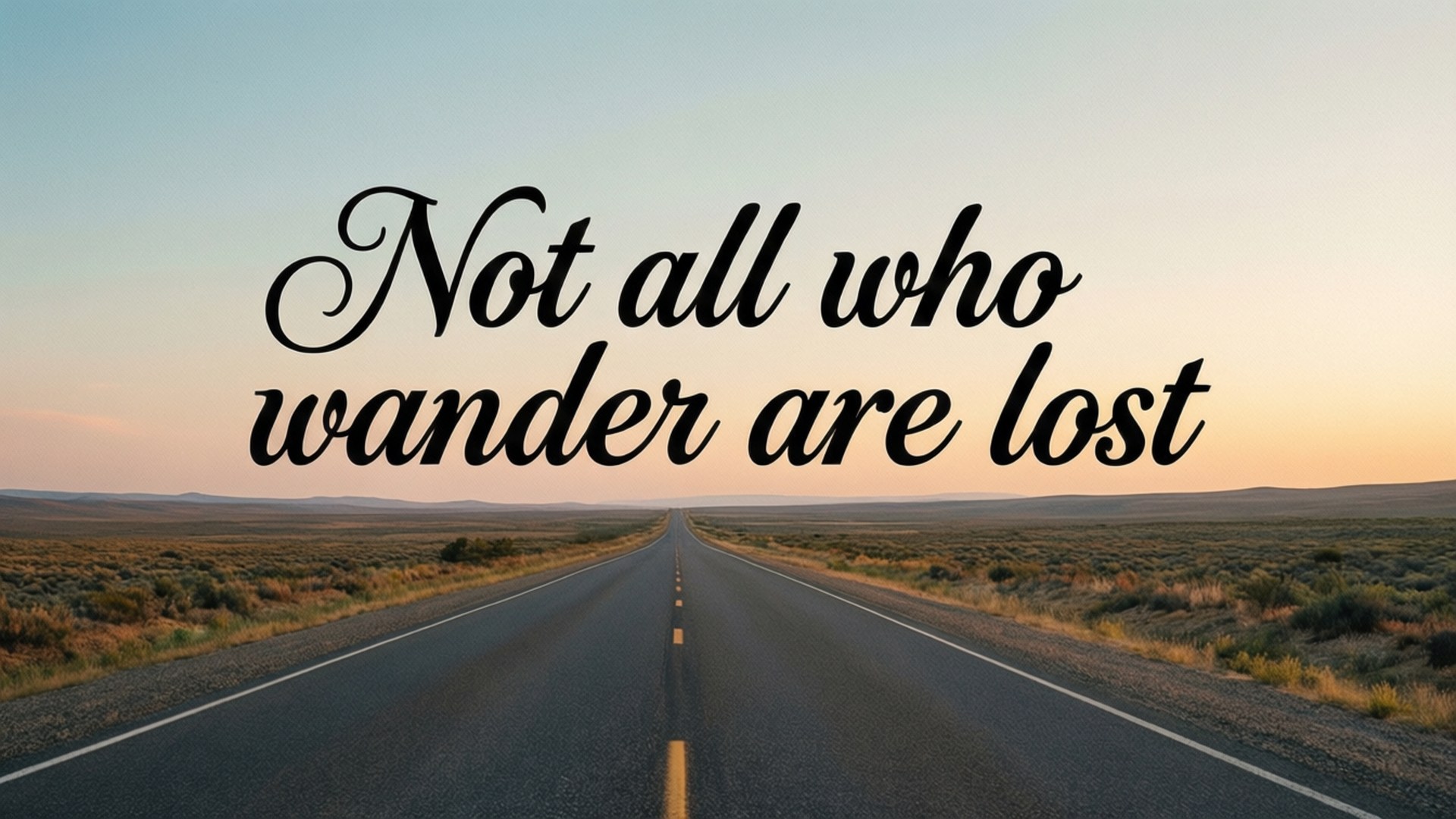 Wanderer's Quote 壁紙 — 一條長長的直路在日落時分穿過廣闊的沙漠，上面覆蓋著優雅黑色字體的引文「並非所有流浪者都迷失了方向」。