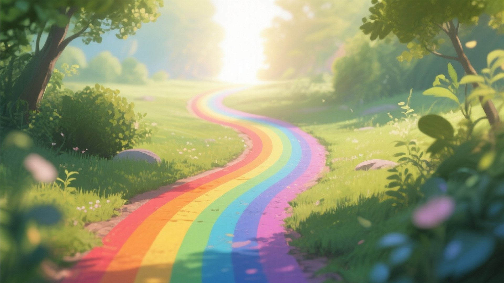Rainbow Path to Light 壁紙 — 一條充滿活力的彩虹小徑蜿蜒穿過陽光普照的綠草和樹木，通往發光的地平線。