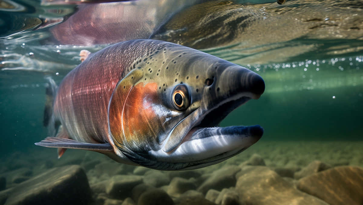  壁紙 — 一條充滿活力的鮭魚在水下靠近鏡頭游動，上方有清晰的漣漪，下方是岩石河床。