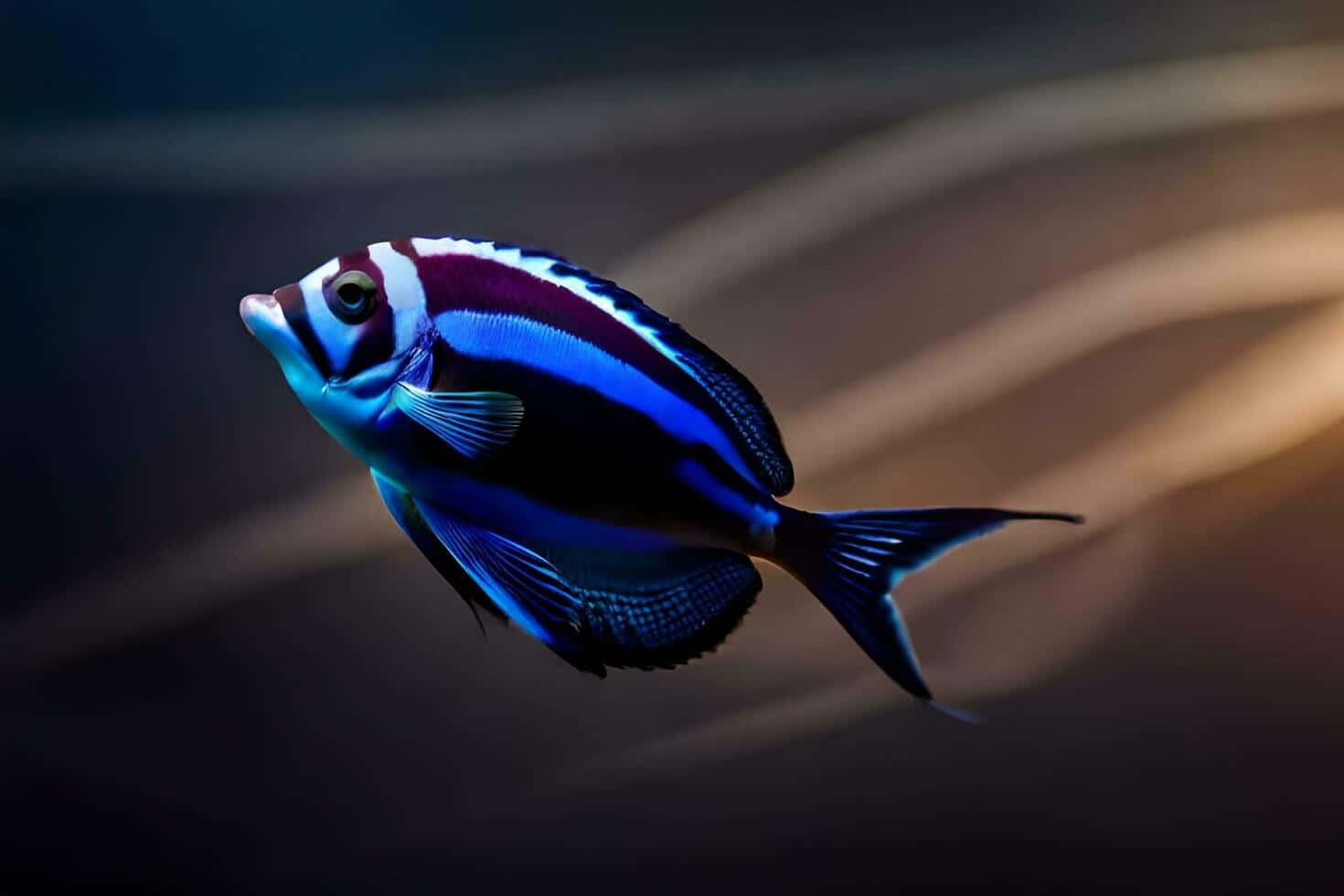  壁紙 — 一條充滿活力的藍紫色魚，帶有白色條紋，在柔和光線、模糊的水中優雅地滑行。