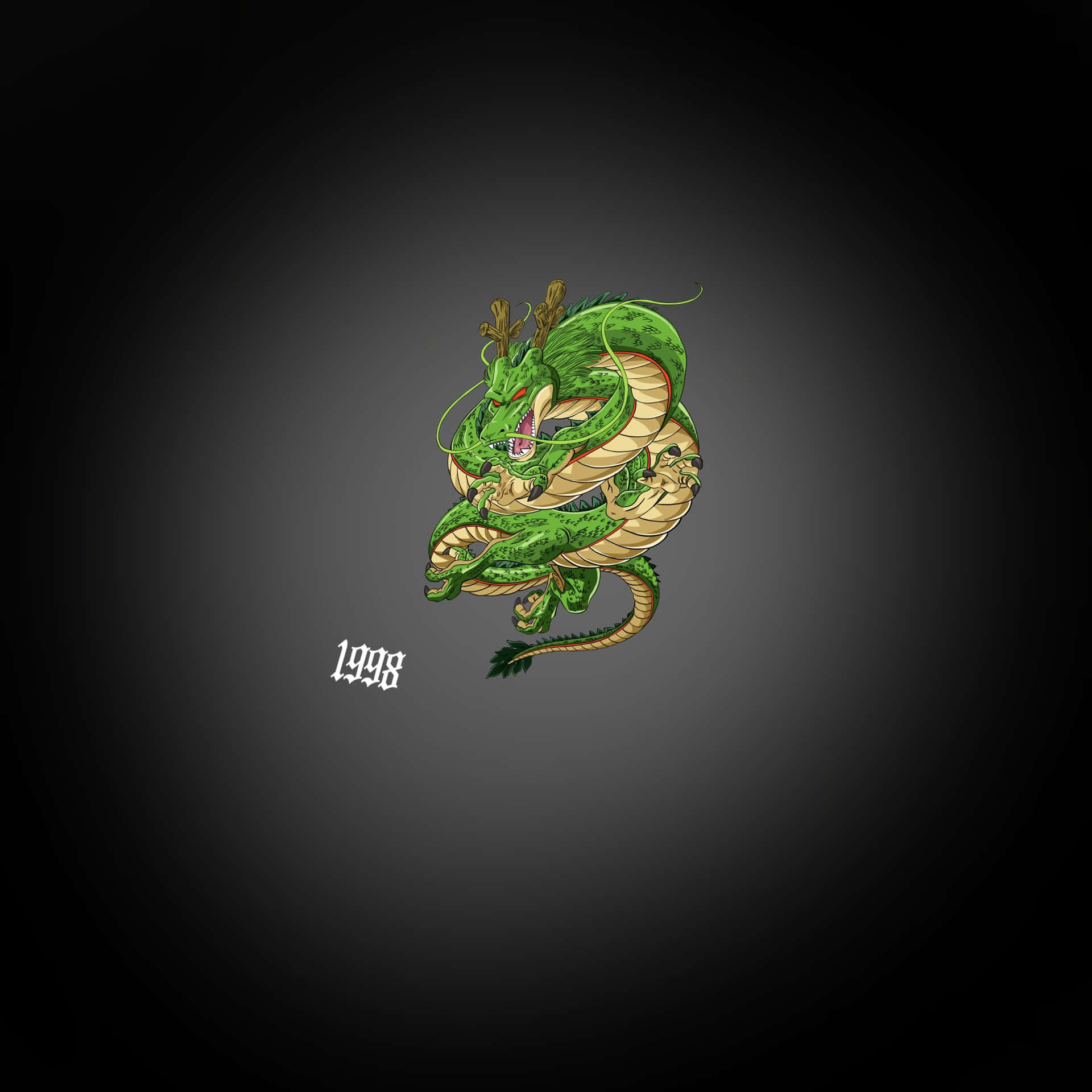  壁紙 — 一條充滿活力的綠色龍，帶有鹿角狀的角，在深色漸變背景上動態盤繞，下方有1998年。