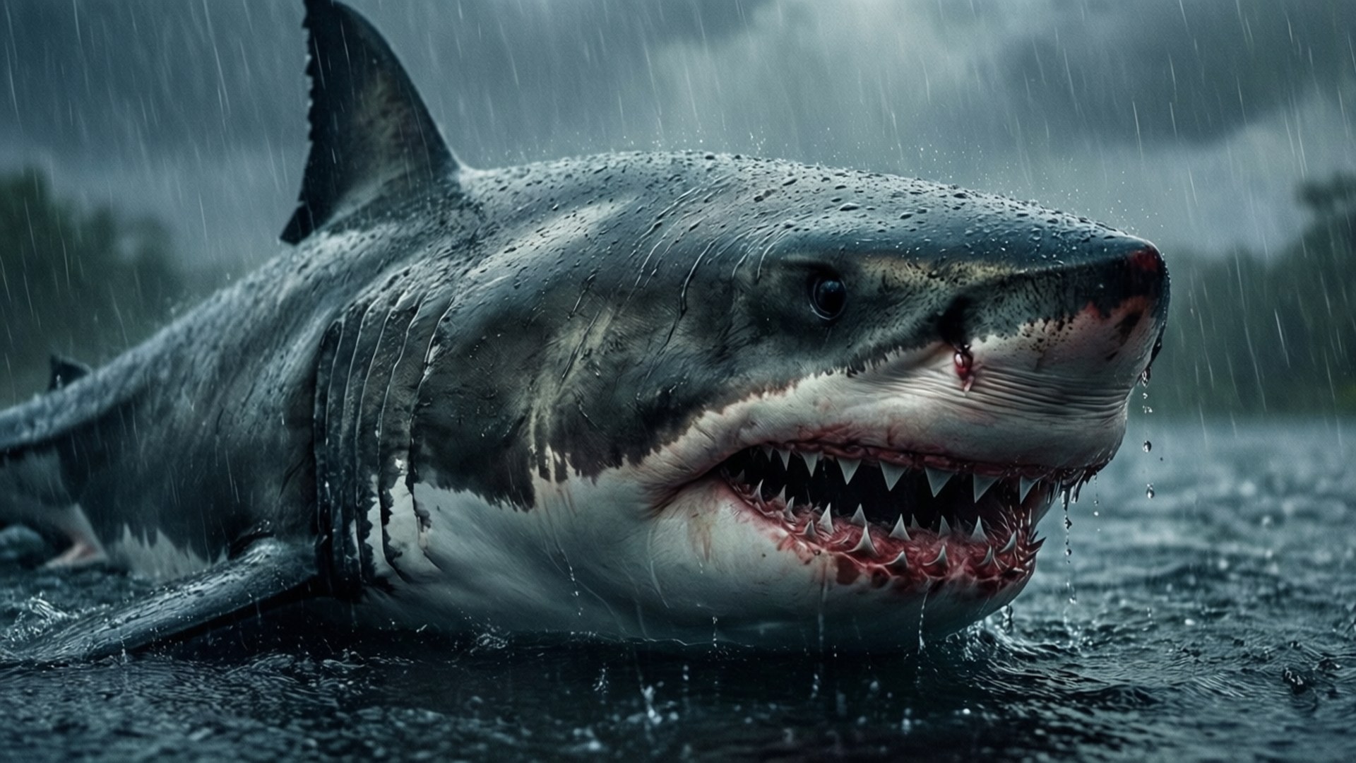Rainy Day Shark 壁紙 — 一條大白鯊在暴風雨天空下，從被雨水打濕的水面衝出，張開血淋淋的下顎。