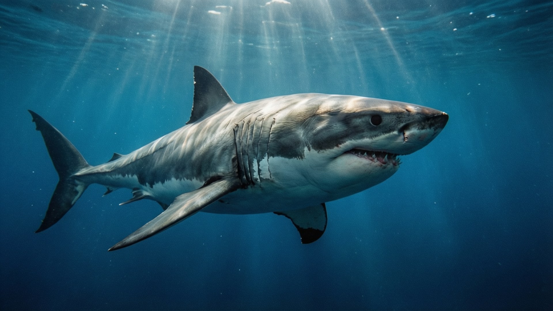 Great White Shark Deep 壁紙 — 一條大白鯊在深藍色的海水中滑行，陽光從上方穿透而下。