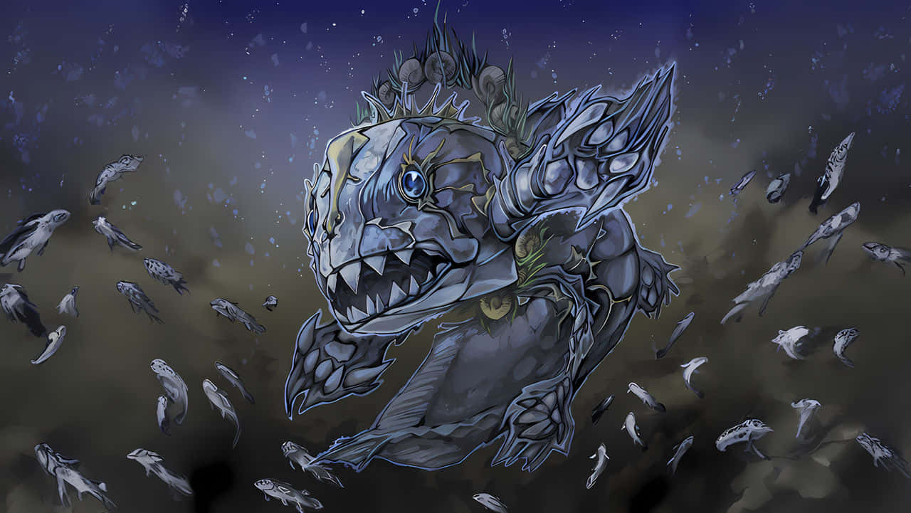  壁紙 — 一條帶有發光藍眼睛的威脅性裝甲魚，在繁星點點的夜空下，被小魚包圍著游過渾濁的水域。