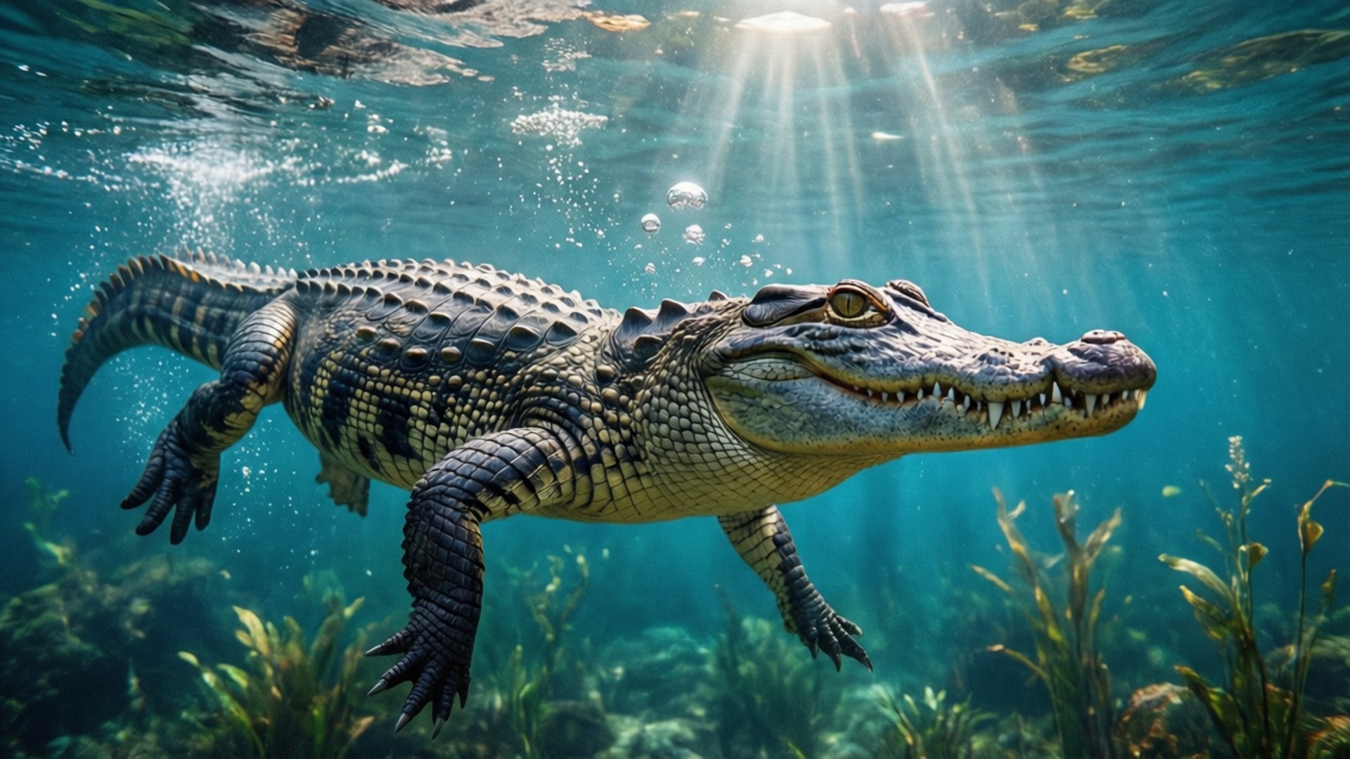 Underwater Alligator Glide 壁紙 — 一條短吻鱷在陽光照耀的碧綠水中滑行，光線穿透水面，水生植物在下方搖曳。