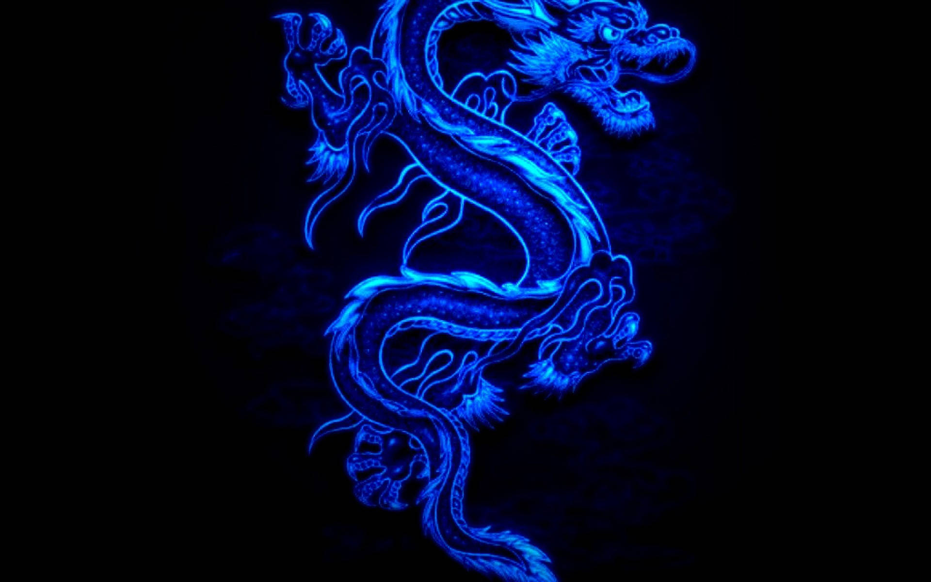 一條發光的藍色霓虹龍盤繞在黑色背景上。 — 中國龍 壁紙