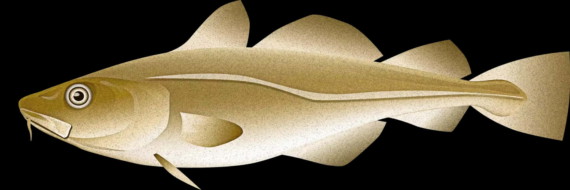  壁紙 — 一條風格化的金鱈魚，帶有紋理鱗片和白色條紋，在純黑背景上游動。