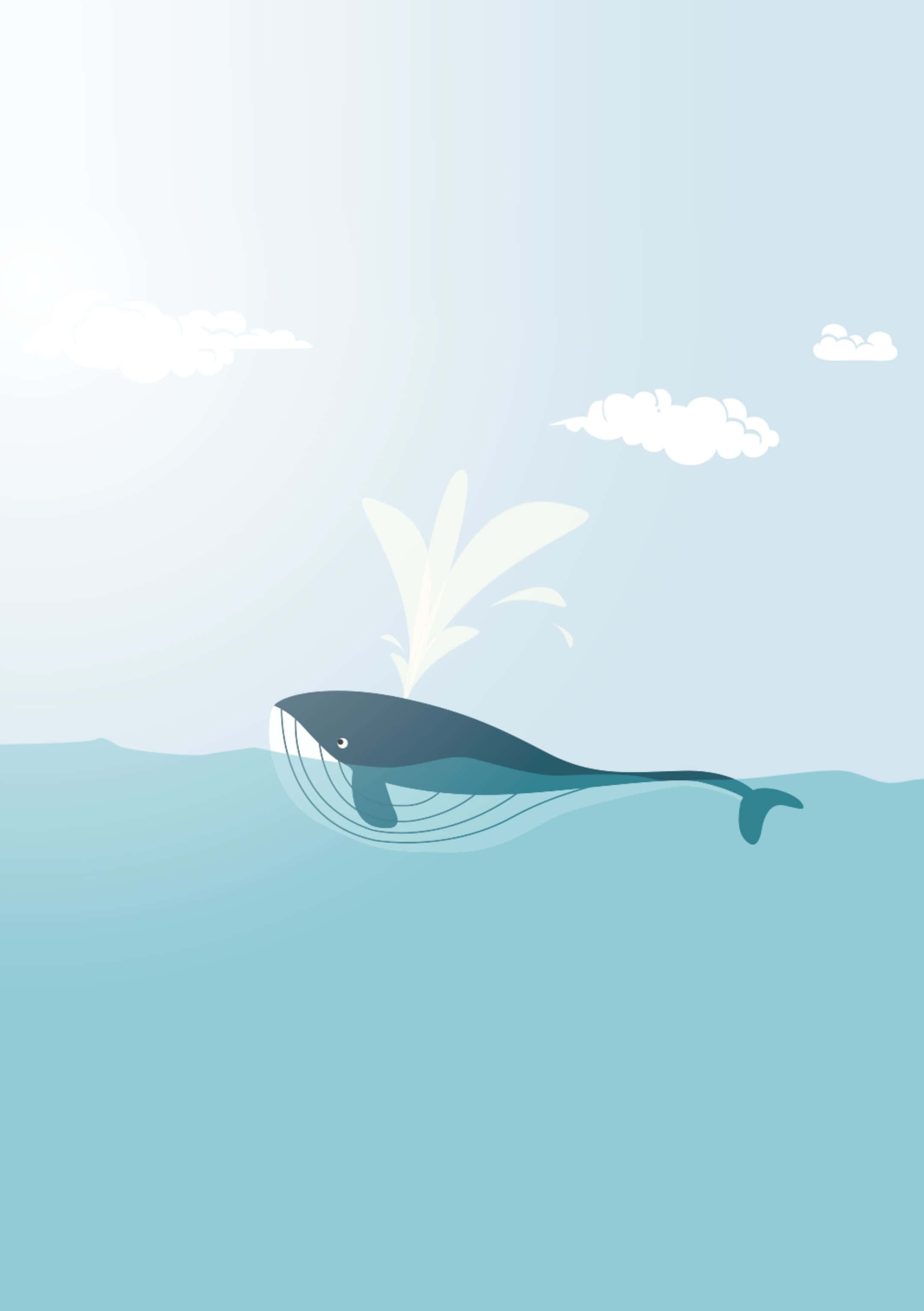 Minimalist Animal 桌布 壁紙 — 一條風格化的鯨魚在平靜的海面上破水而出，在柔和天空和蓬鬆雲朵下噴出霧狀水柱。