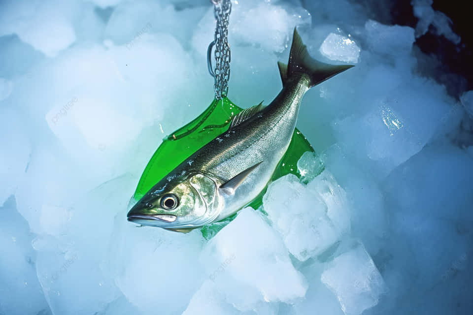  壁紙 — 一條剛捕獲的魚掛在鏈條上，下方是散發冷藍色光芒的碎冰床。