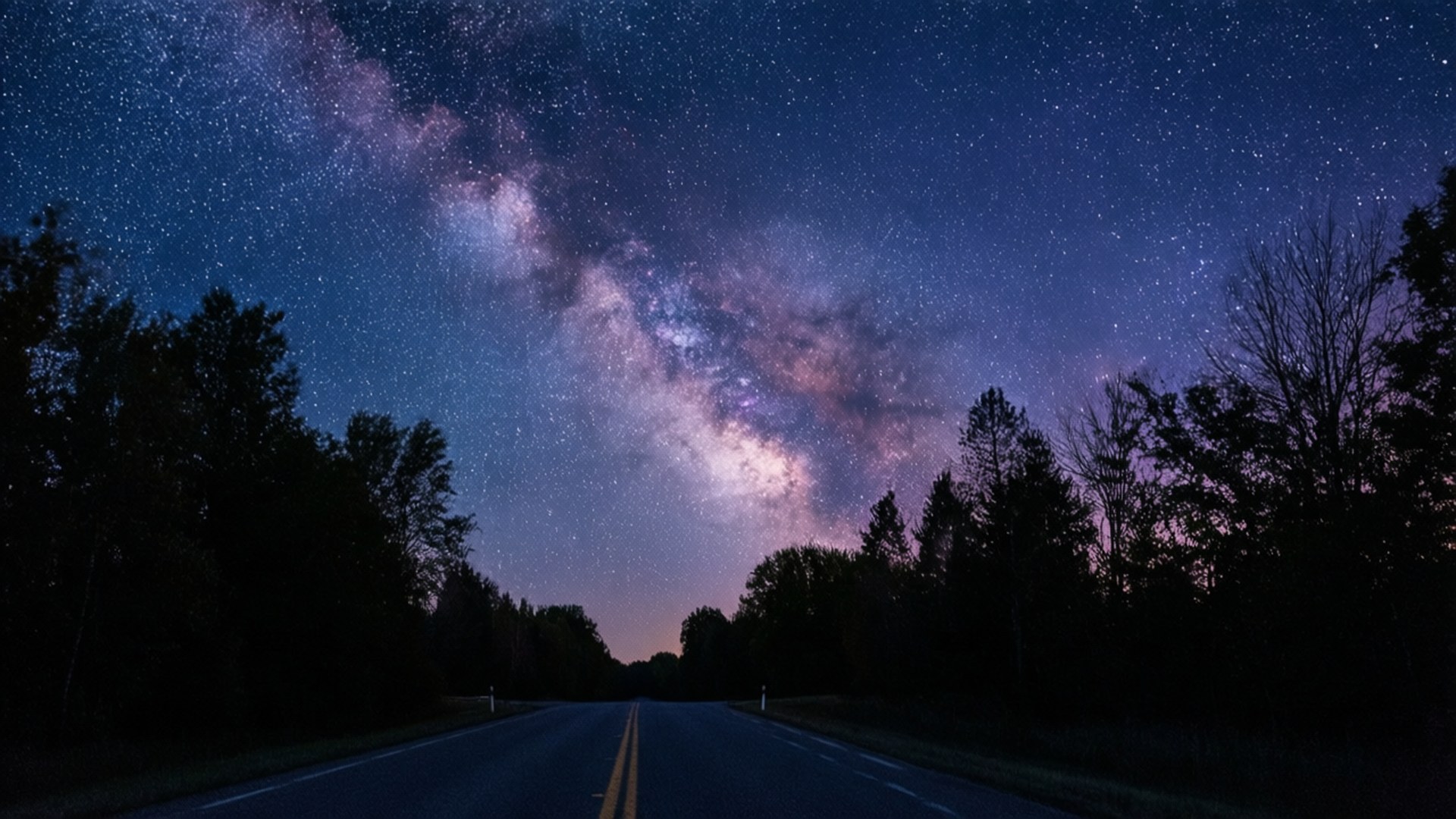Starry Asphalt 壁紙 — 一條黑暗的道路在充滿紫色和藍色星星的銀河下延伸至地平線。