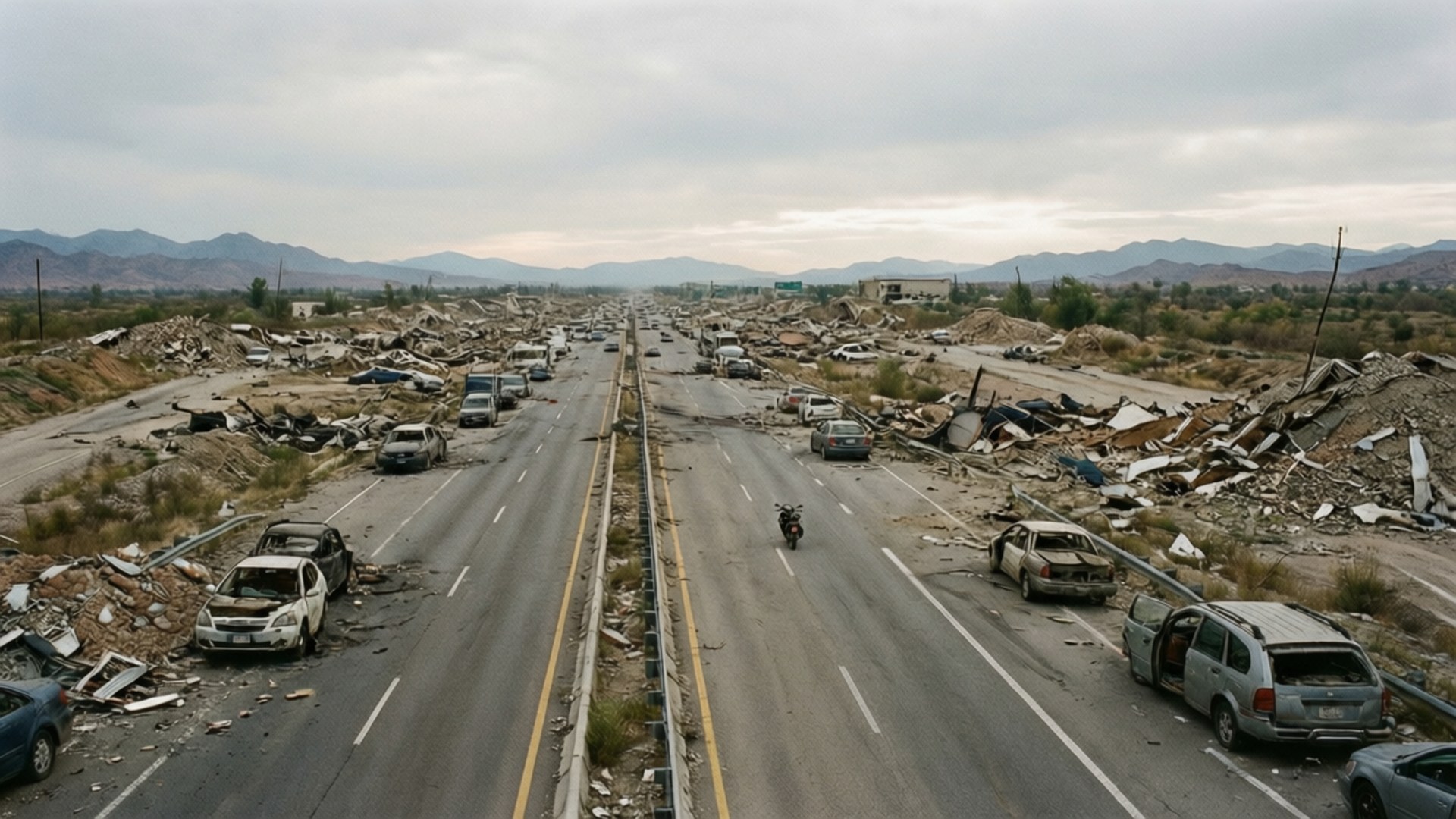Highway to Ruin 壁紙 — 一條荒涼的高速公路穿過廢墟景觀，兩旁有廢棄汽車和碎片，天空多雲。