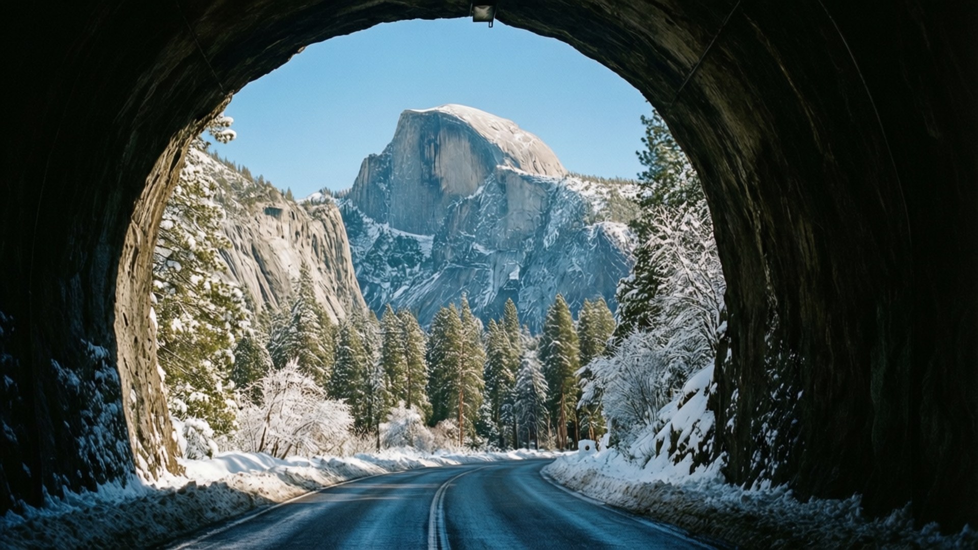 Snowy Tunnel View 壁紙 — 一條積雪的道路蜿蜒穿過黑暗的隧道，露出半圓頂和白雪覆蓋的松樹，在晴朗的藍天下。