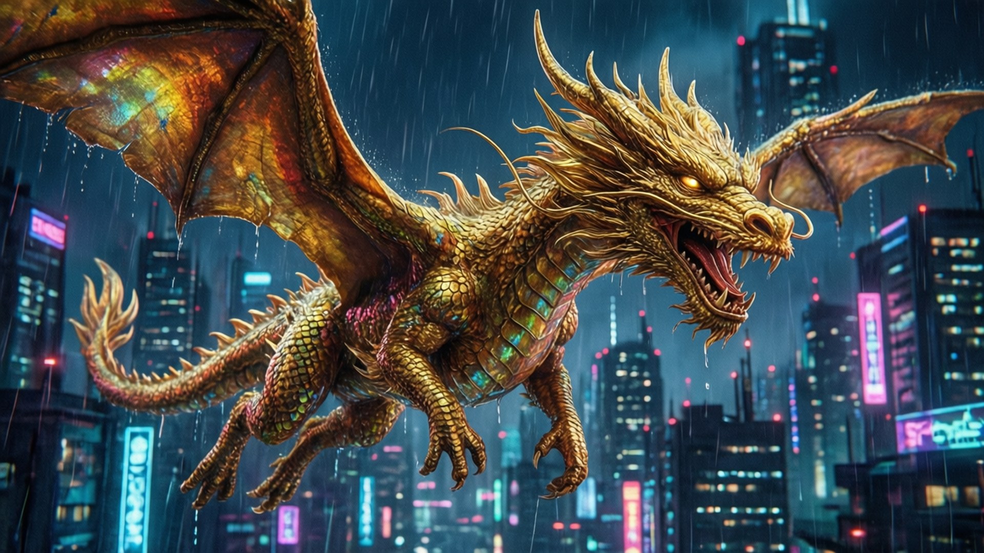 Neon Wyrm 壁紙 — 一條金色鱗片、眼睛發光的龍在雨中飛翔，越過霓虹燈閃爍的未來城市景觀。