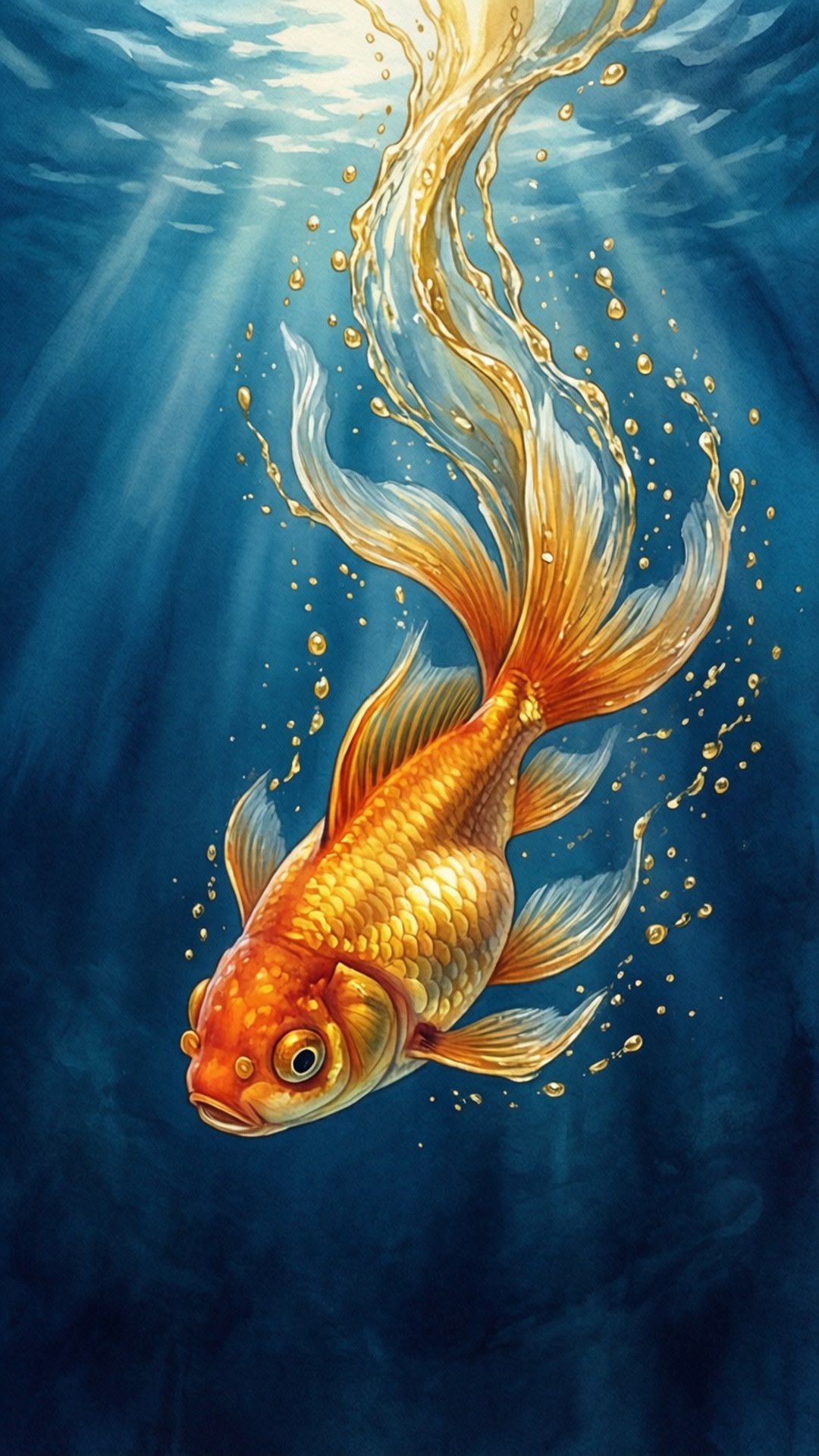 Goldfish Water Trails 壁紙 — 一條金色魚穿過深藍色水向上游，陽光照射下來，金色氣泡跟隨其流動的鰭。