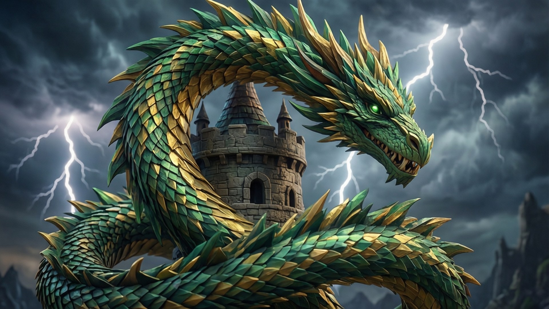 Dragon Tower 壁紙 — 一條巨大的綠色和金色鱗片龍纏繞在石城堡塔樓上，天空風雨交加，閃電劃過。